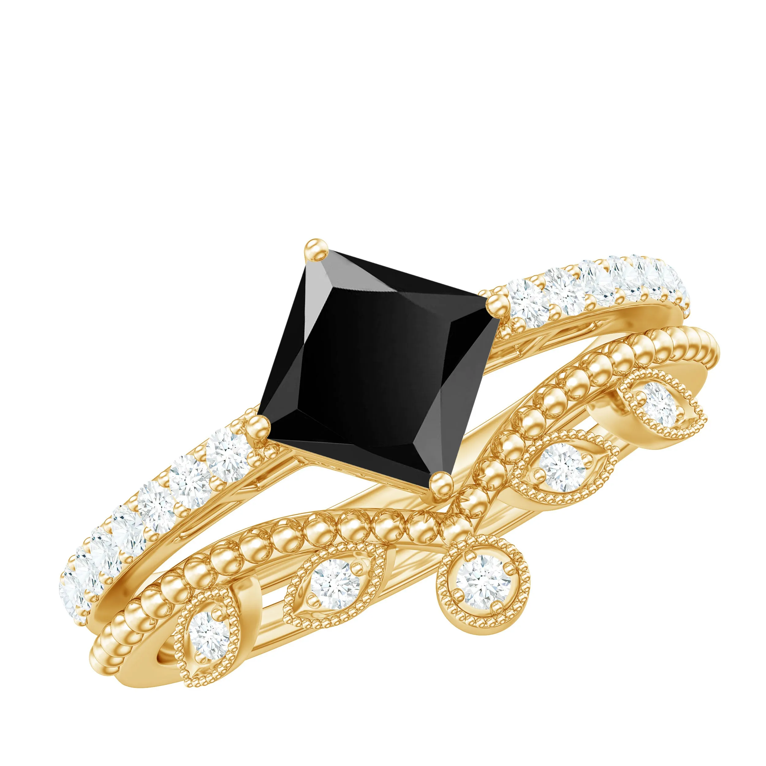 1 CT Princess Cut Black Onyx Vintage Ring Set with Diamond