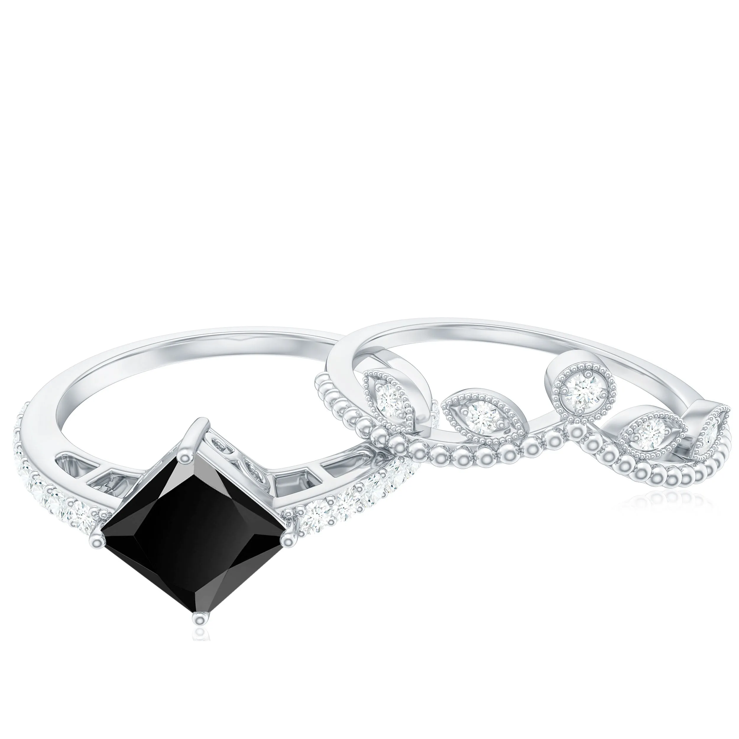 1 CT Princess Cut Black Onyx Vintage Ring Set with Diamond