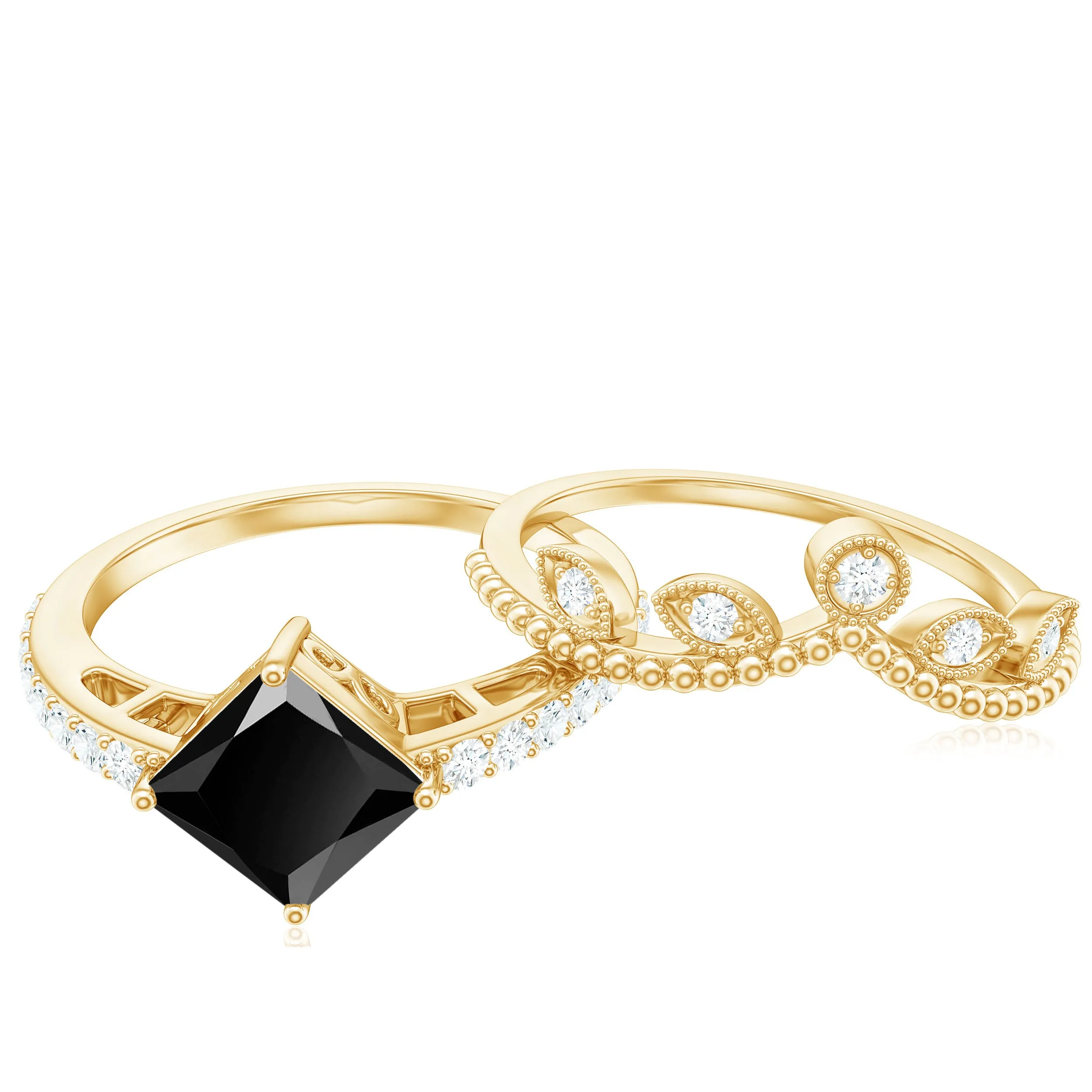 1 CT Princess Cut Black Onyx Vintage Ring Set with Diamond