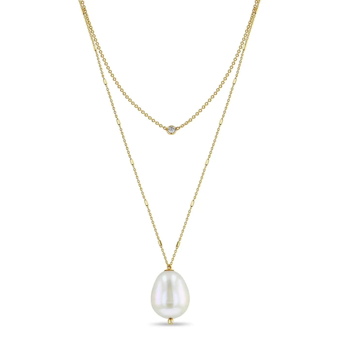 14k Gold Double Chain Necklace with Diamond & Baroque Pearl