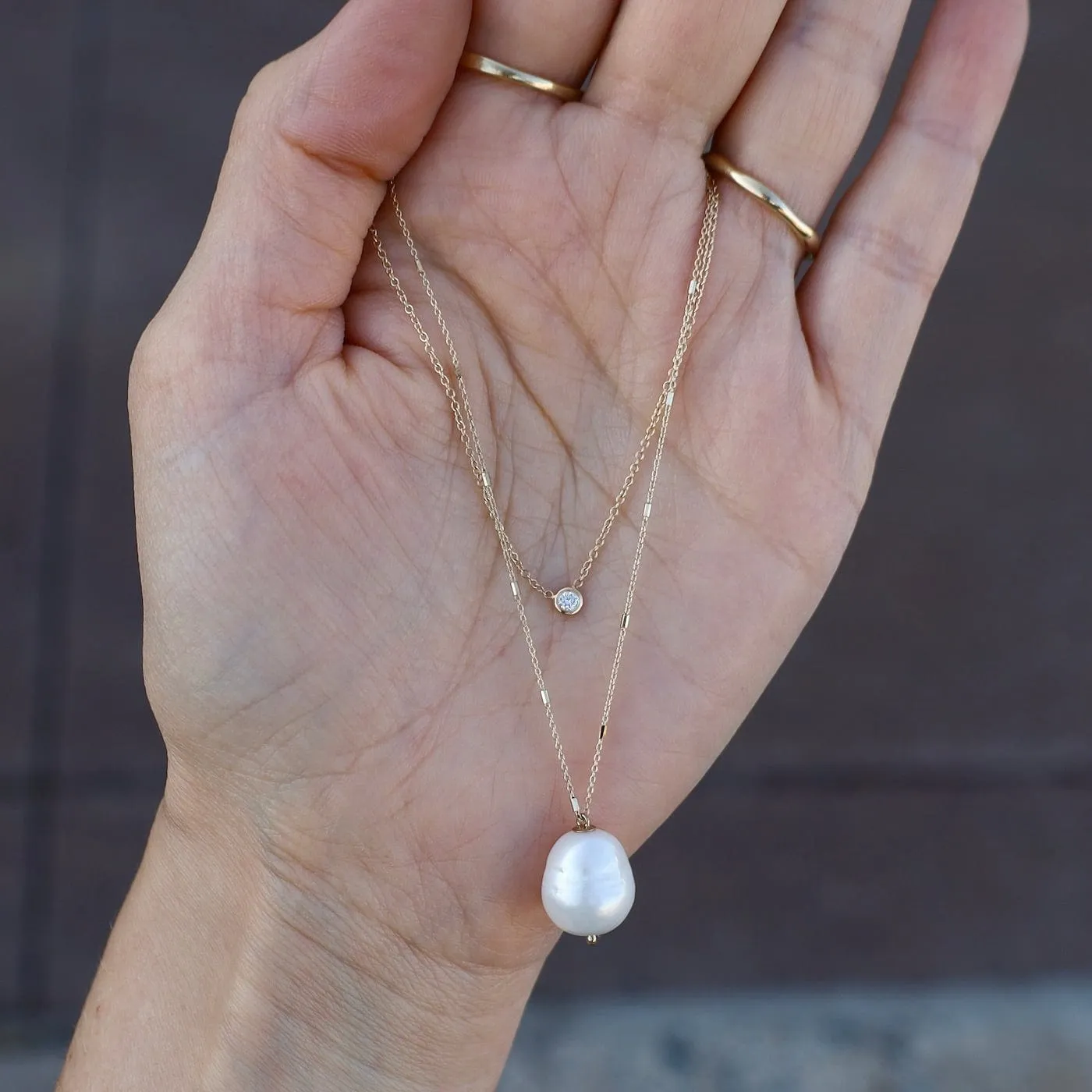 14k Gold Double Chain Necklace with Diamond & Baroque Pearl