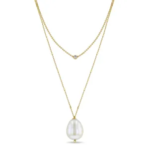14k Gold Double Chain Necklace with Diamond & Baroque Pearl
