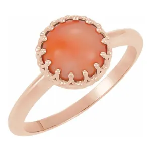 14K Rose 6 mm Natural Pink Coral Crown Cabochon Ring