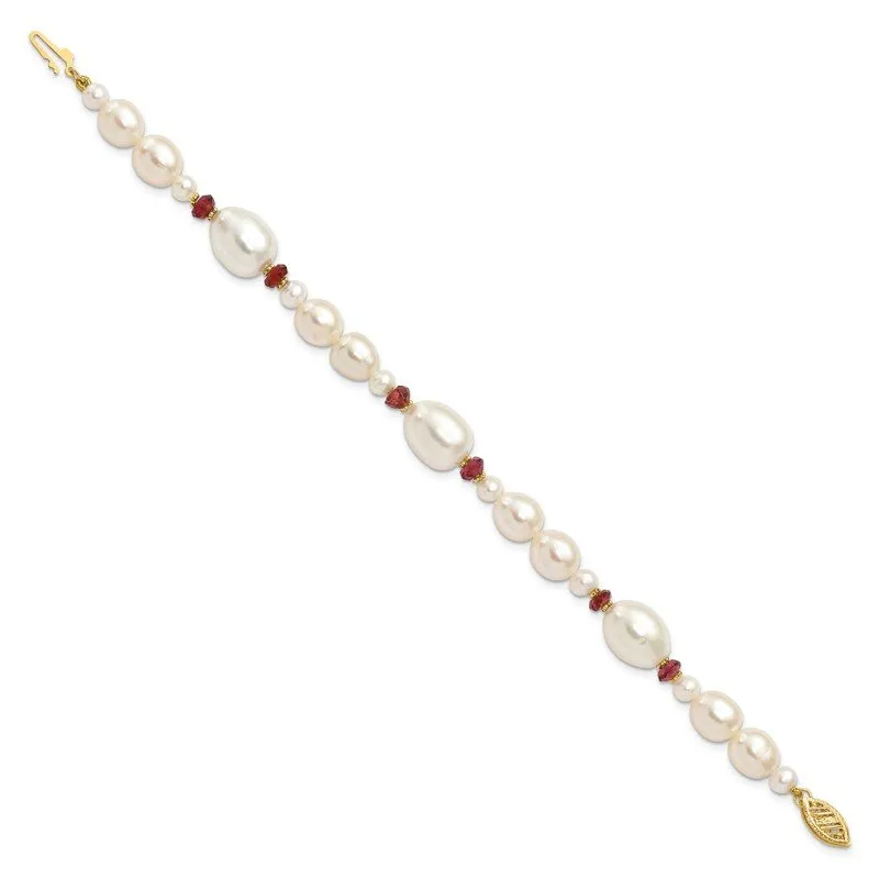 14K White Freshwater Cultured Pearl Faceted 4.0 Garnet Bead Bracelet XF444-7.25