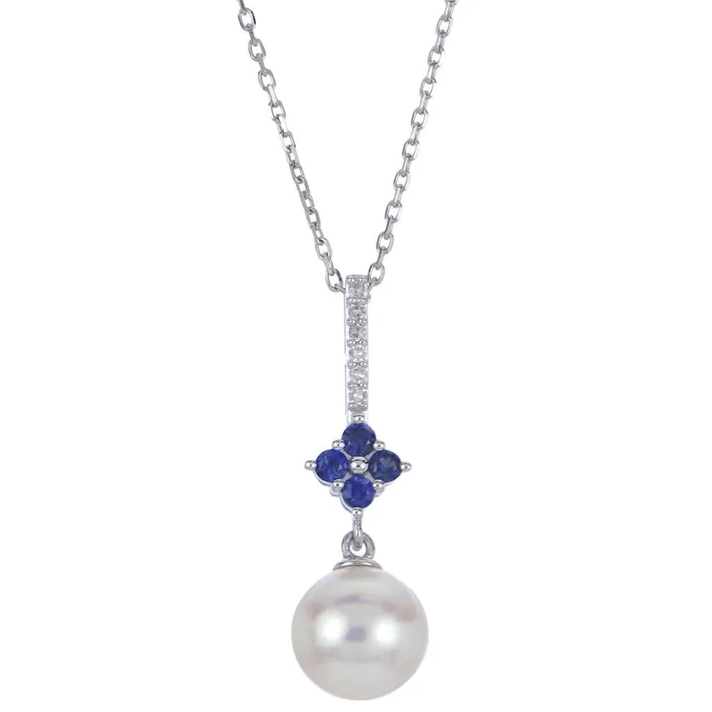 18 inch Fresh Water Pearl, Sapphire and Natural Diamond Necklace