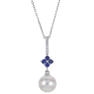 18 inch Fresh Water Pearl, Sapphire and Natural Diamond Necklace