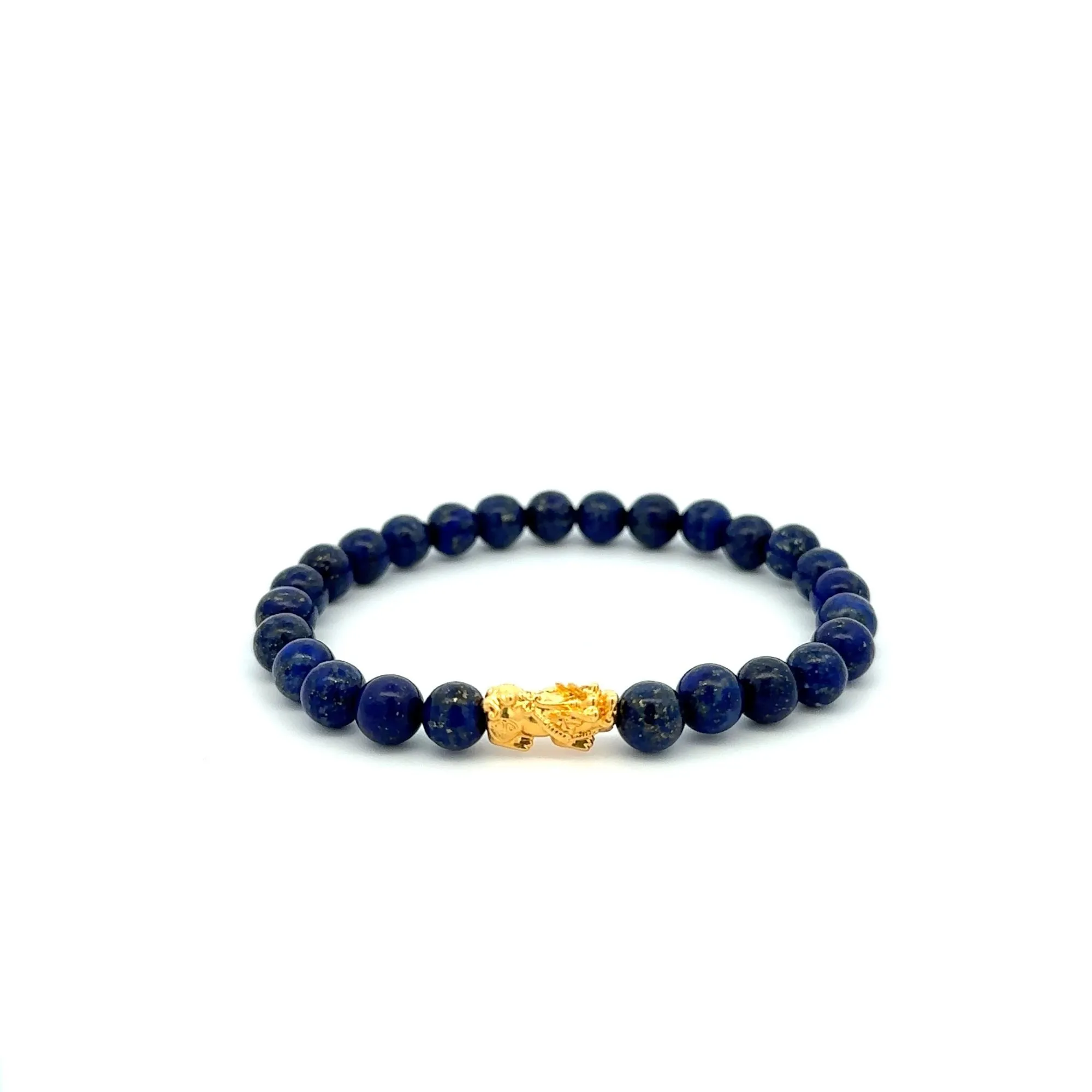 18K Gold Dragon Pixiu Piyao Lucky Charm Bracelet Gemstones Lapis Lazuli 6mm