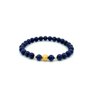 18K Gold Money Ball Lucky Charm Beads Bracelet Gemstones Lapis Lazuli 6mm