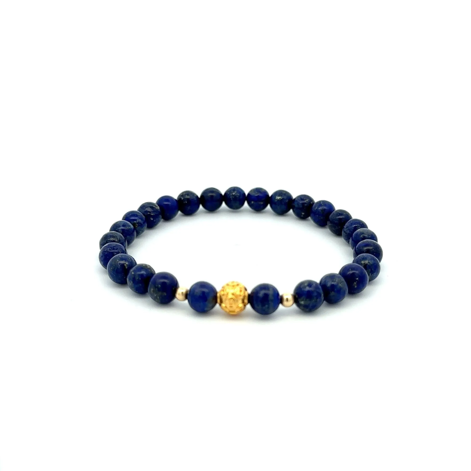 18K Gold Money Ball Lucky Charm Beads Bracelet Gemstones Lapis Lazuli 6mm