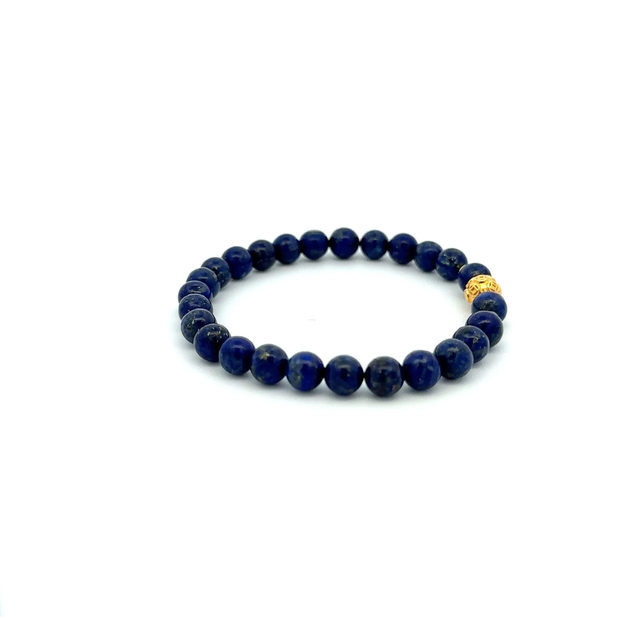 18K Gold Money Ball Lucky Charm Beads Bracelet Gemstones Lapis Lazuli 6mm