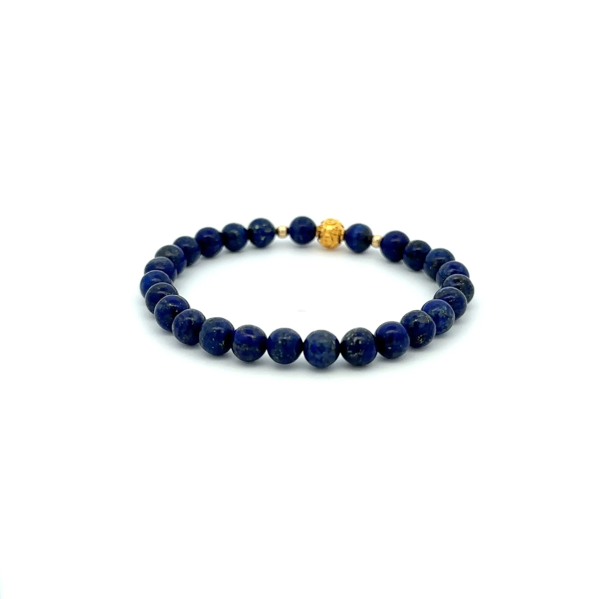 18K Gold Money Ball Lucky Charm Beads Bracelet Gemstones Lapis Lazuli 6mm