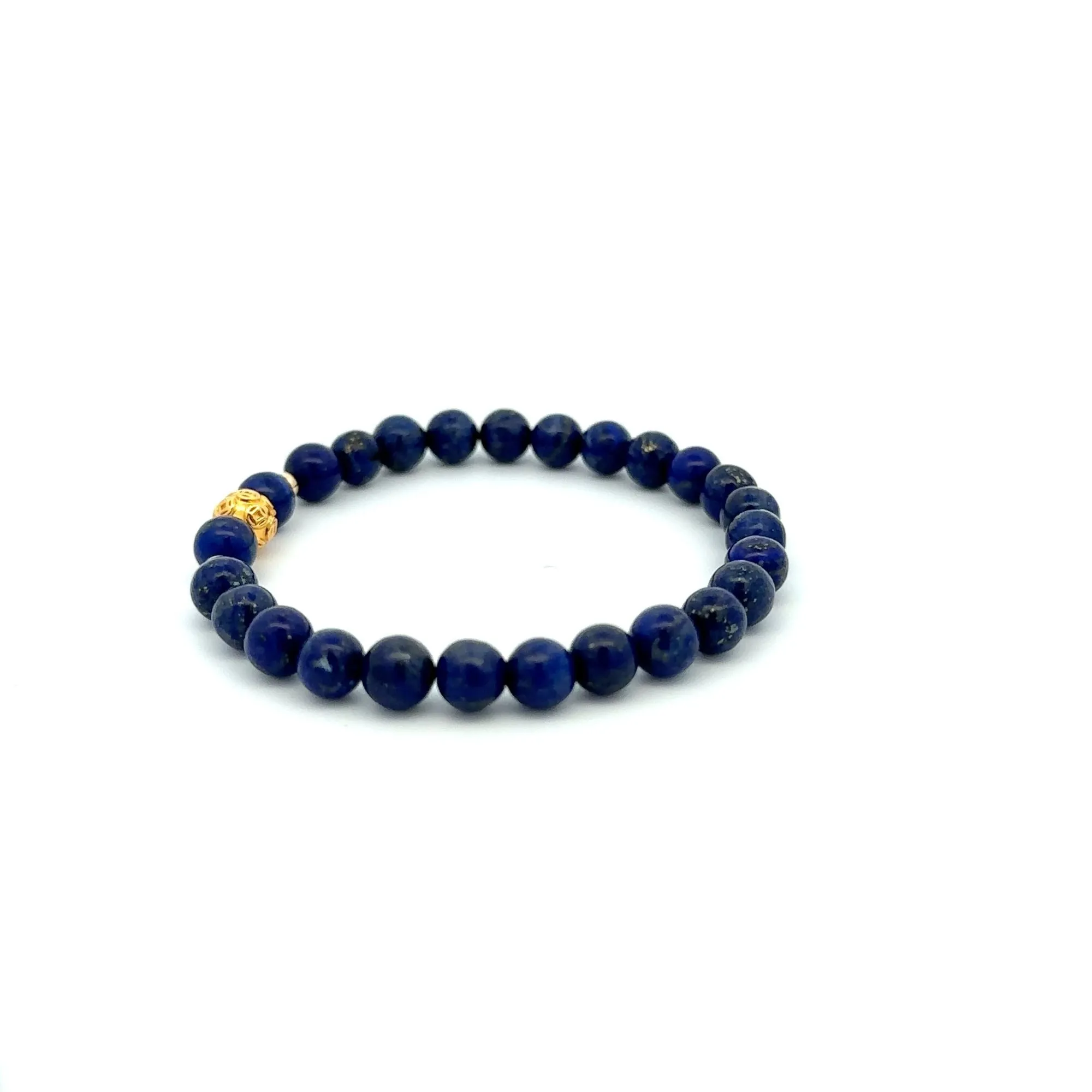 18K Gold Money Ball Lucky Charm Beads Bracelet Gemstones Lapis Lazuli 6mm