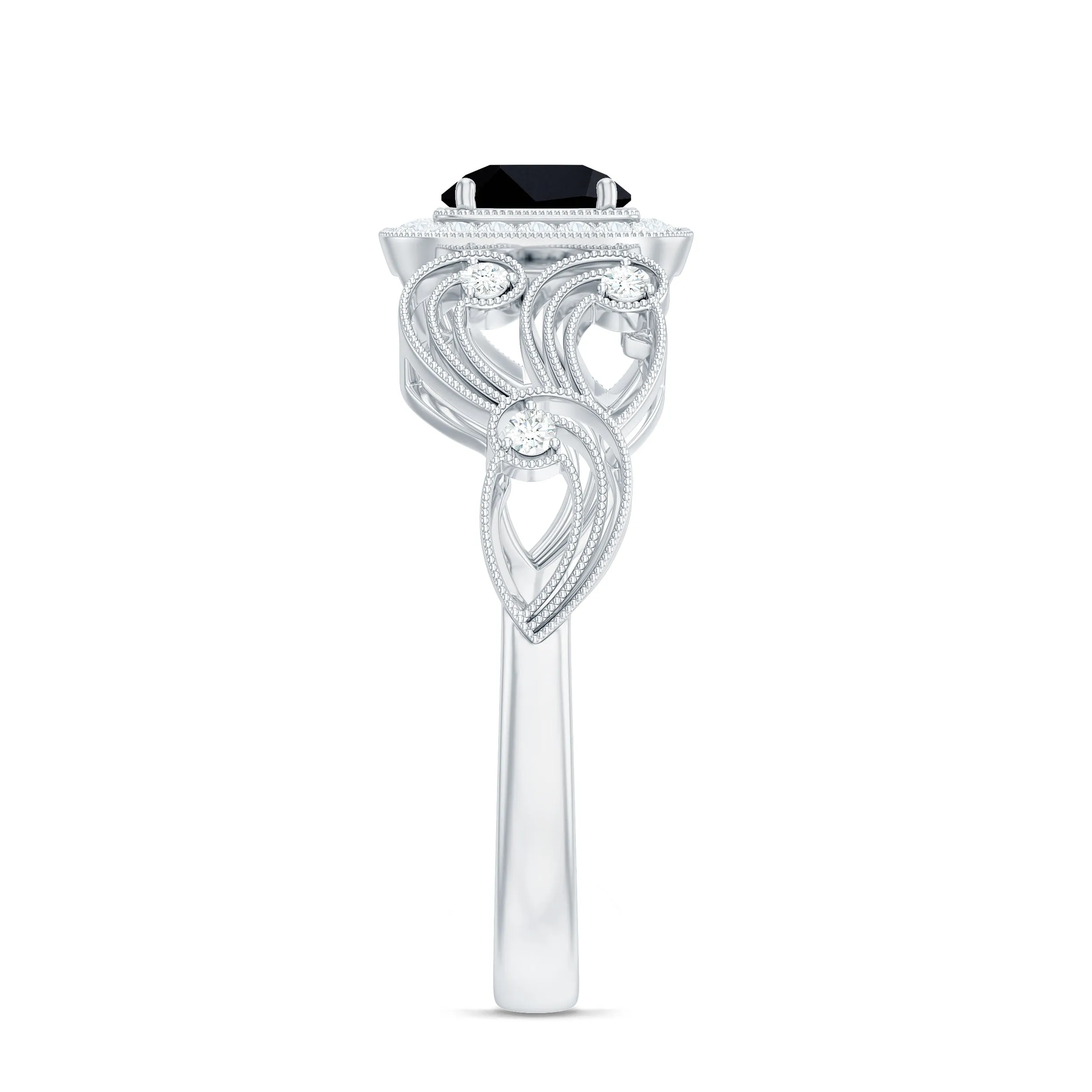 3/4 CT Black Onyx and Diamond Art Deco Engagement Ring with Milgrain Details