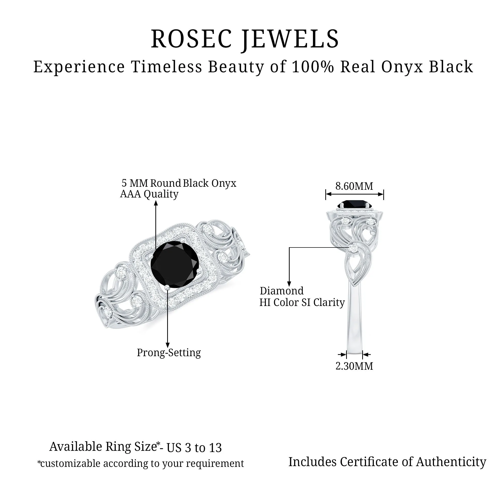 3/4 CT Black Onyx and Diamond Art Deco Engagement Ring with Milgrain Details