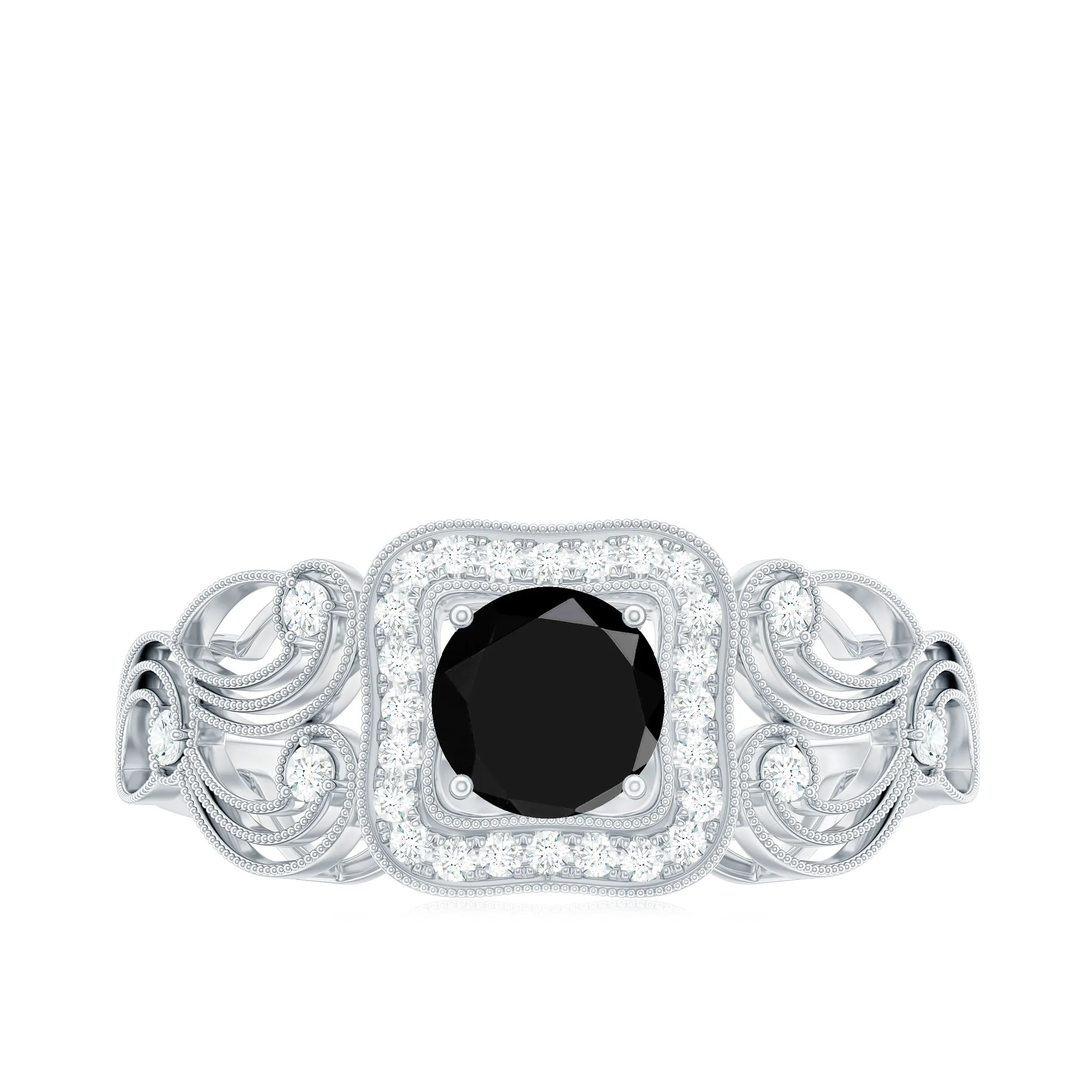 3/4 CT Black Onyx and Diamond Art Deco Engagement Ring with Milgrain Details