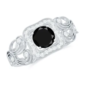 3/4 CT Black Onyx and Diamond Art Deco Engagement Ring with Milgrain Details