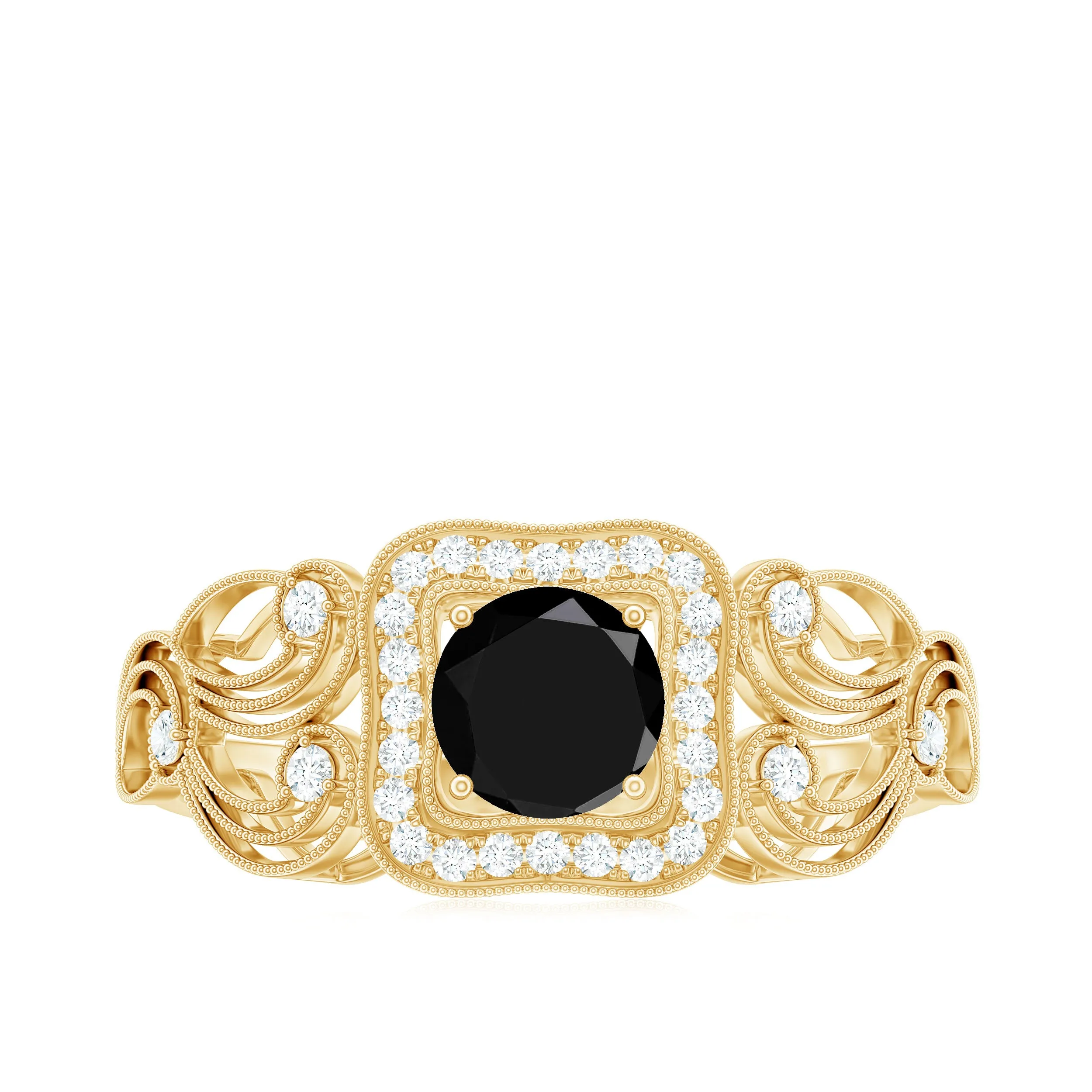 3/4 CT Black Onyx and Diamond Art Deco Engagement Ring with Milgrain Details