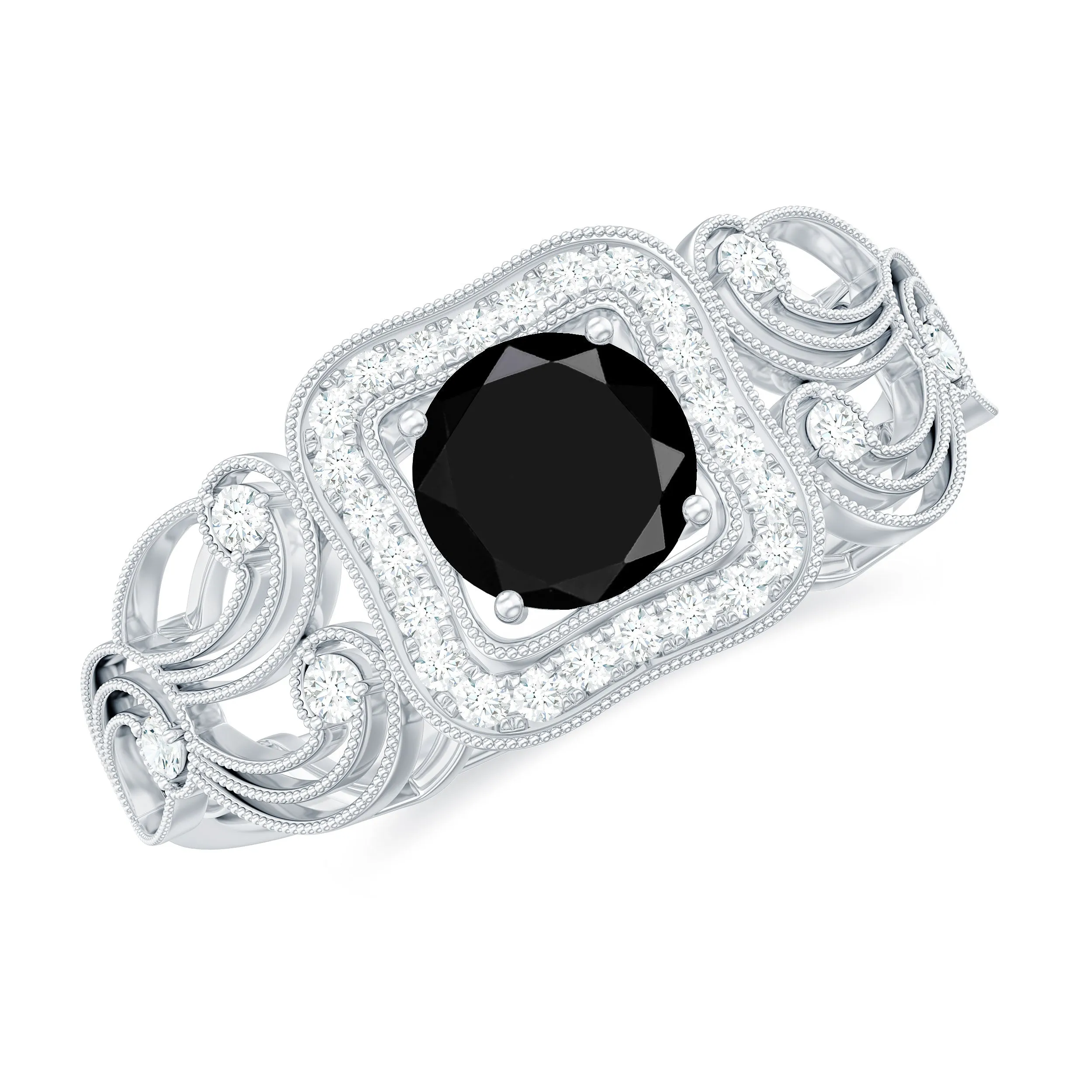 3/4 CT Black Onyx and Diamond Art Deco Engagement Ring with Milgrain Details