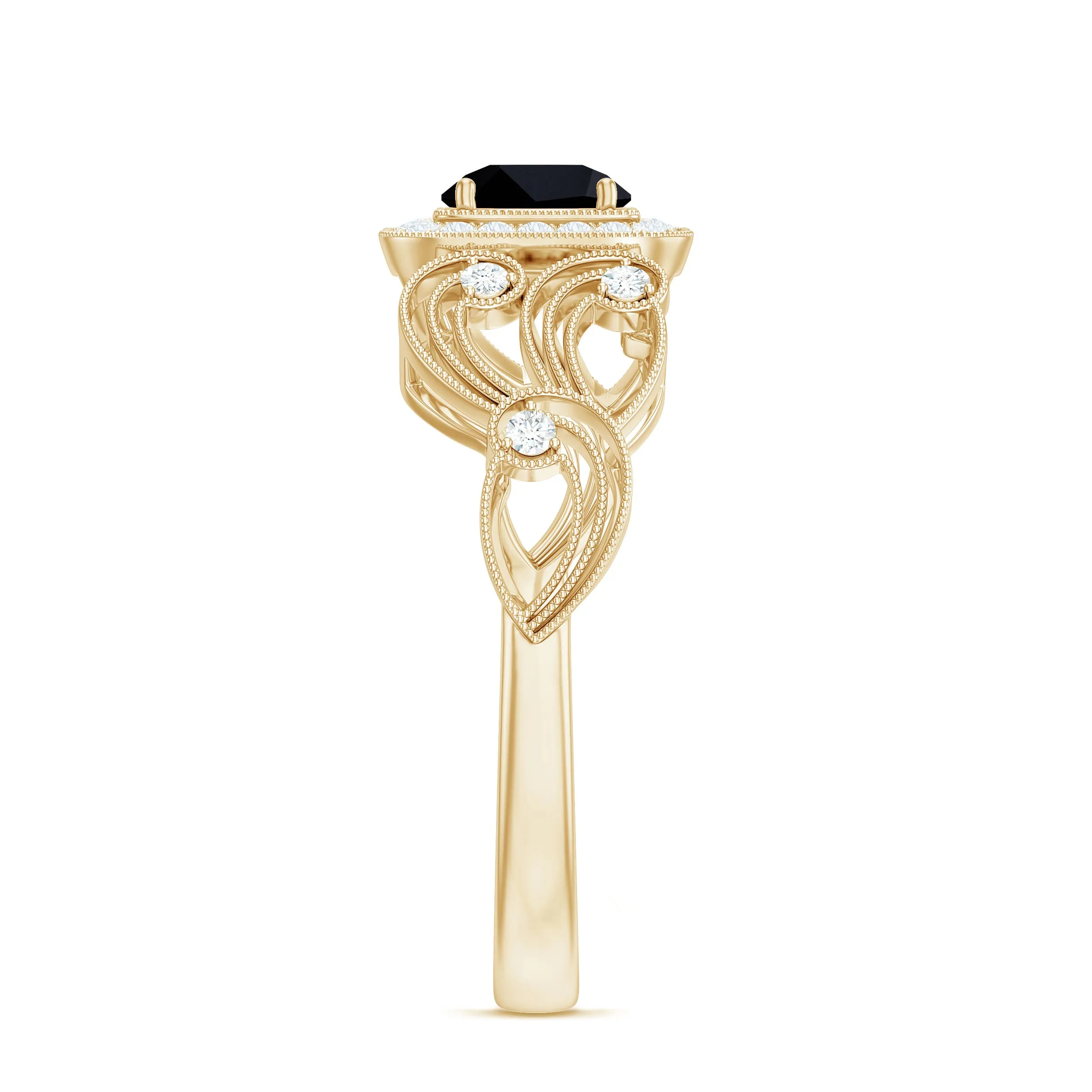 3/4 CT Black Onyx and Diamond Art Deco Engagement Ring with Milgrain Details