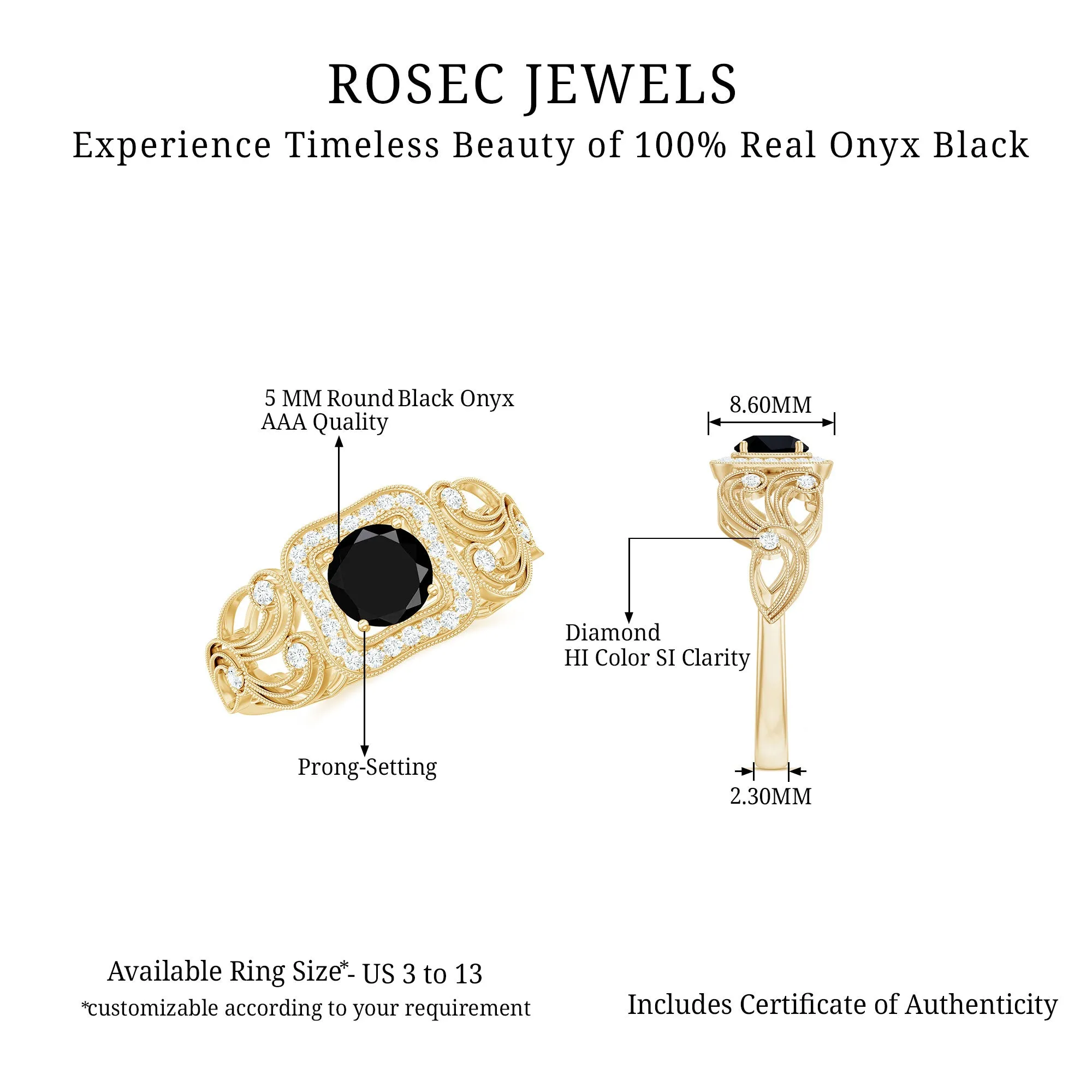 3/4 CT Black Onyx and Diamond Art Deco Engagement Ring with Milgrain Details