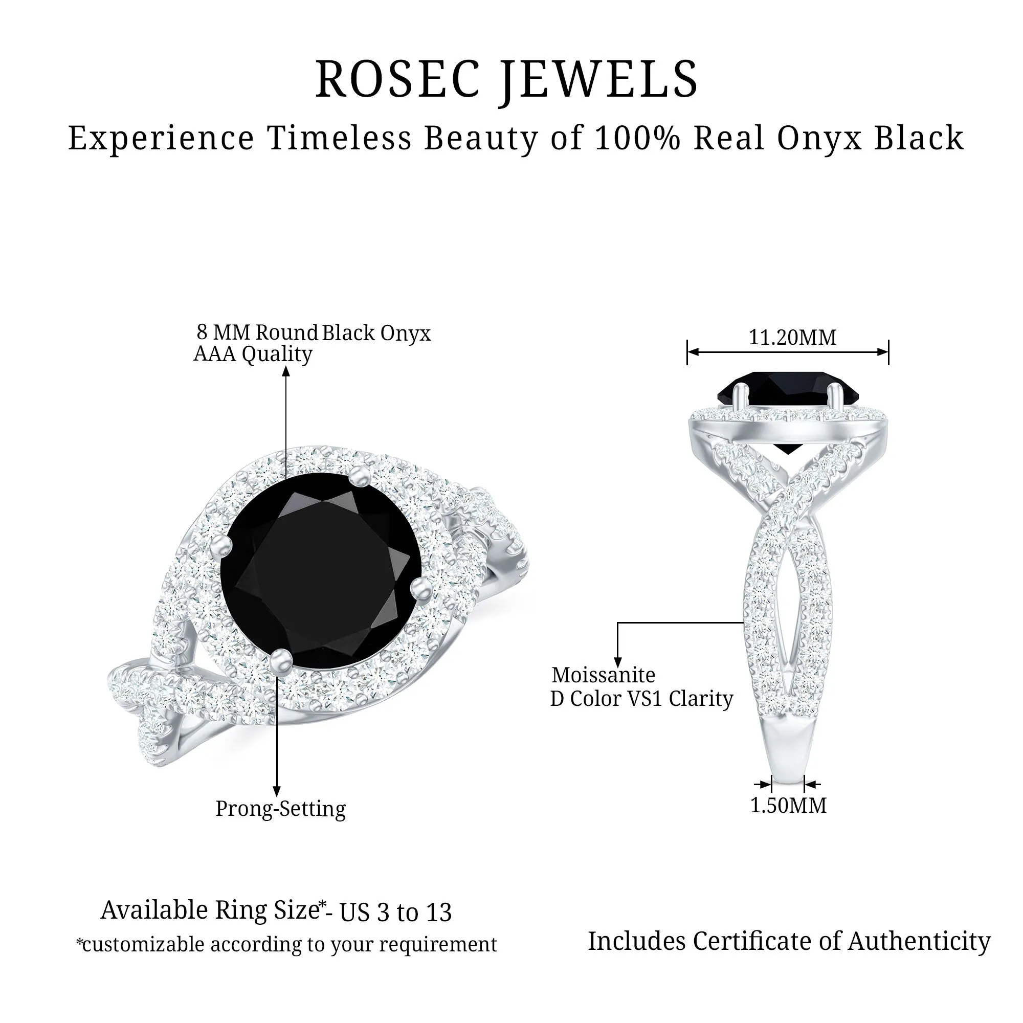 3.75 CT Round Cut Black Onyx Gold Crossover Ring with Moissanite