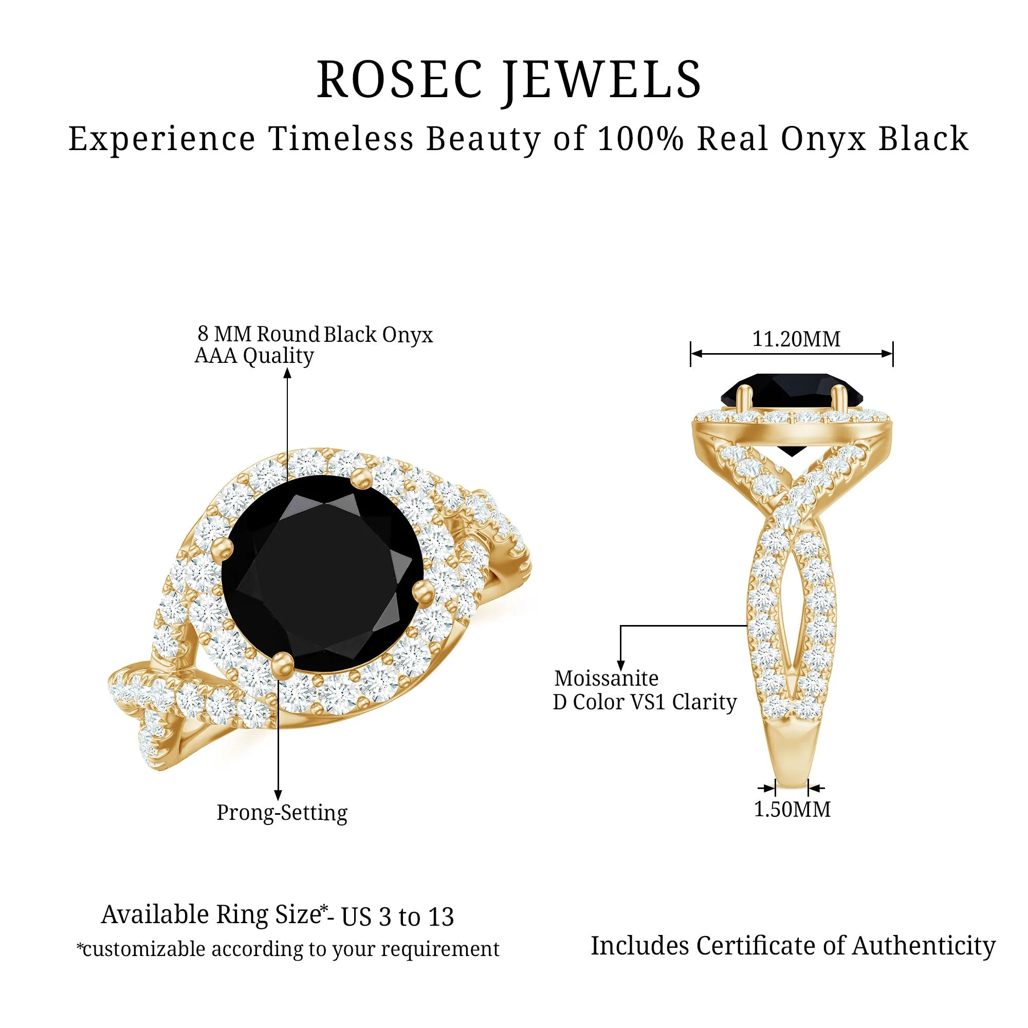 3.75 CT Round Cut Black Onyx Gold Crossover Ring with Moissanite