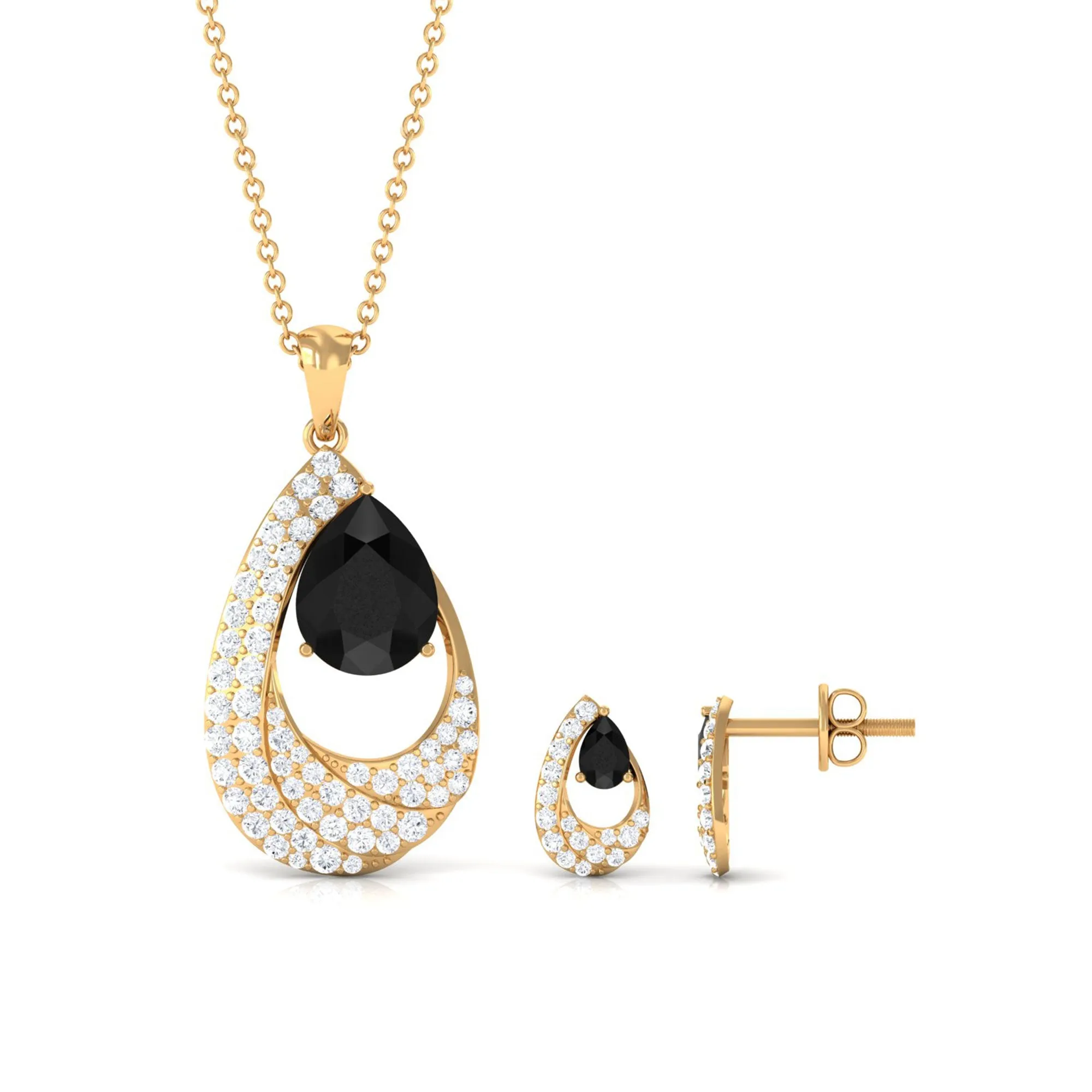 4 CT Black Onyx and Moissanite Teardrop Bridal Pendant Earrings Set