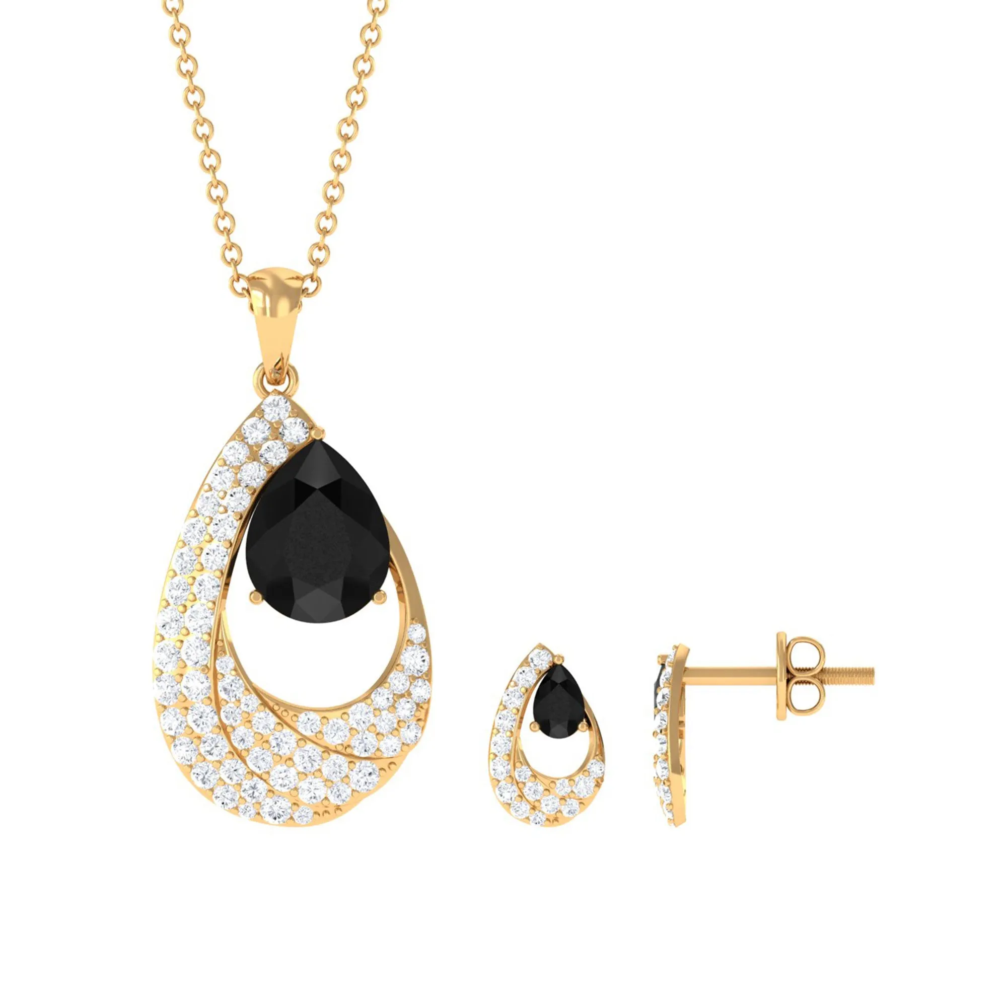 4 CT Black Onyx and Moissanite Teardrop Bridal Pendant Earrings Set