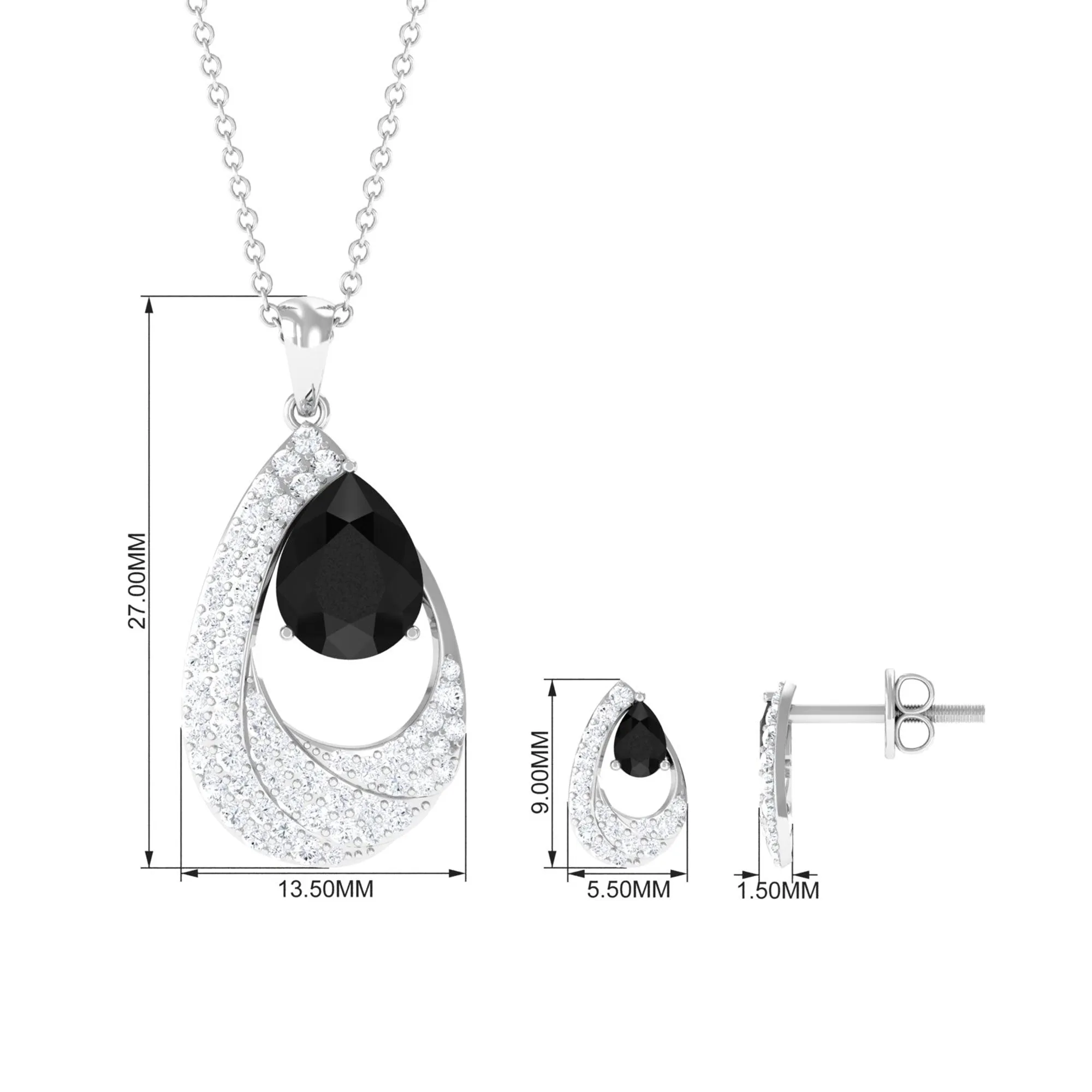 4 CT Black Onyx and Moissanite Teardrop Bridal Pendant Earrings Set