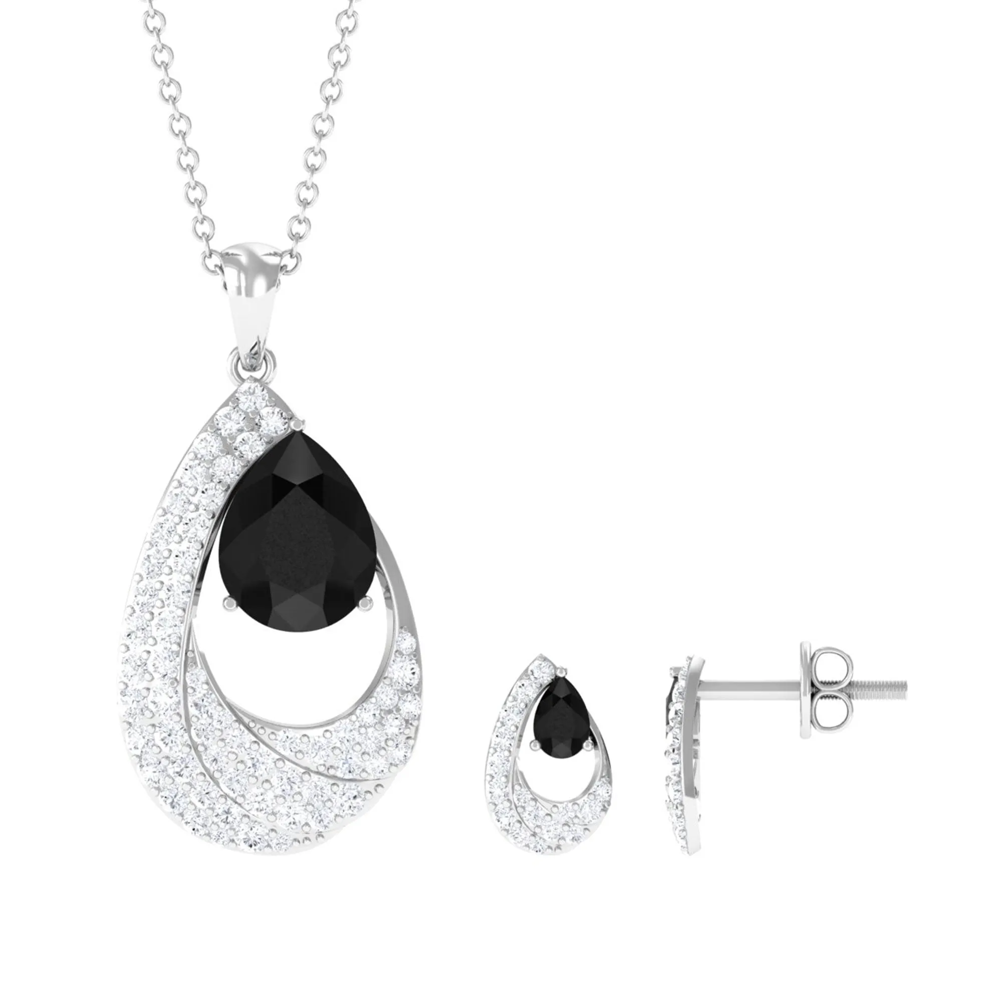 4 CT Black Onyx and Moissanite Teardrop Bridal Pendant Earrings Set