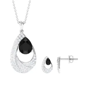 4 CT Black Onyx and Moissanite Teardrop Bridal Pendant Earrings Set