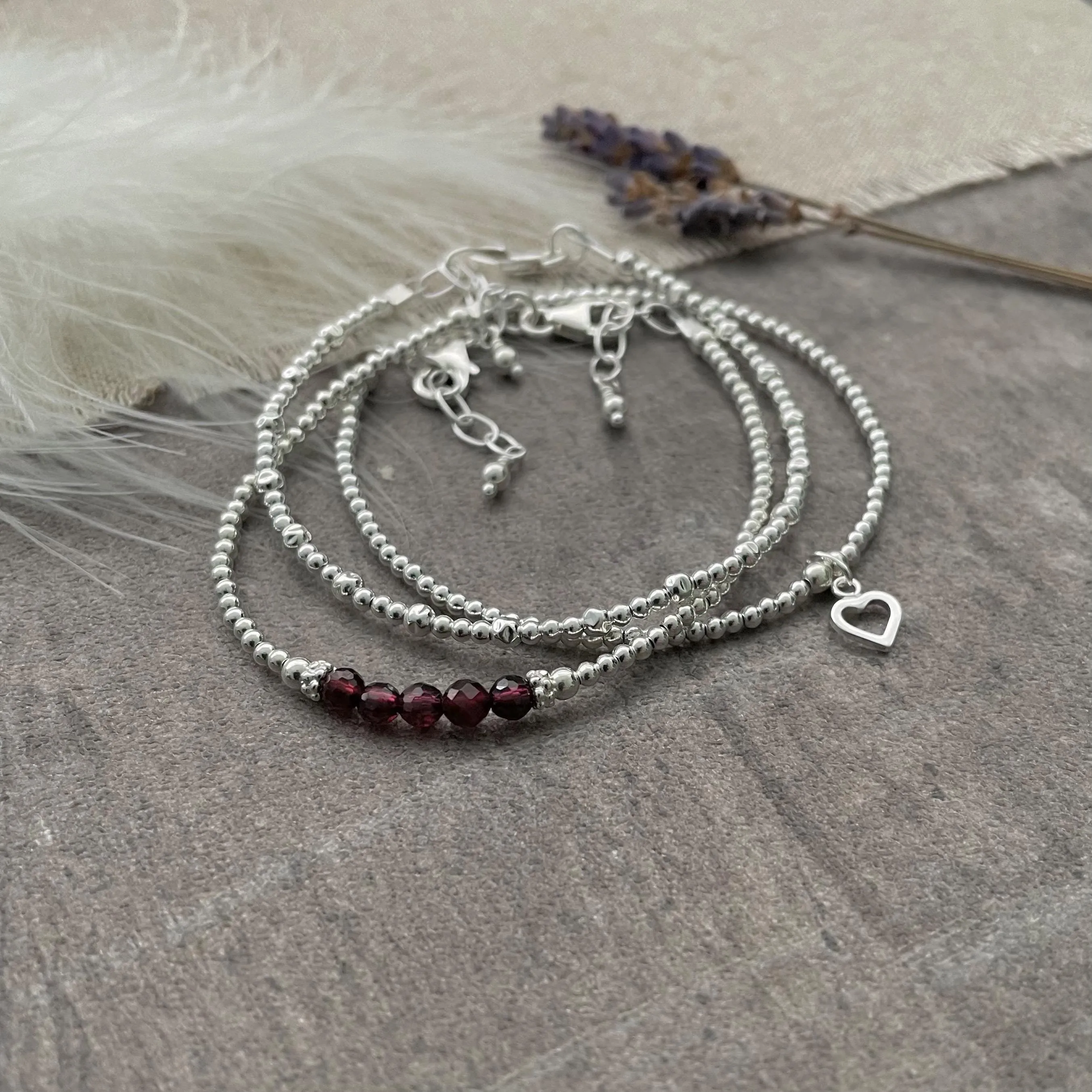 A Dainty January Birthstone Garnet Bracelet Set, January Stacking Bracelets for Women in Sterling Silver
