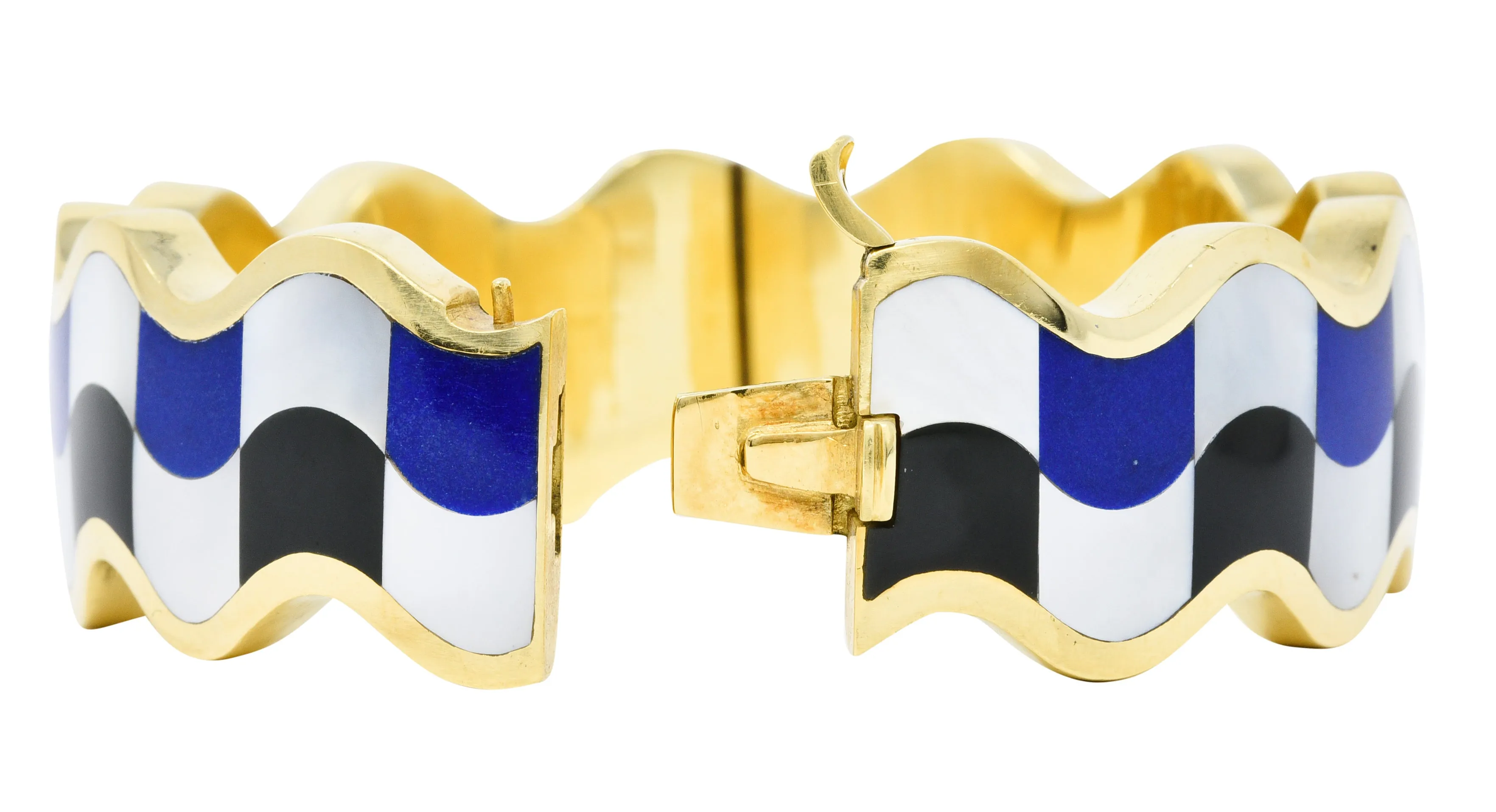 Angela Cummings Tiffany & Co. Inlaid Onyx Lapis Mother-Of-Pearl 18 Karat Gold Wave Bangle Bracelet