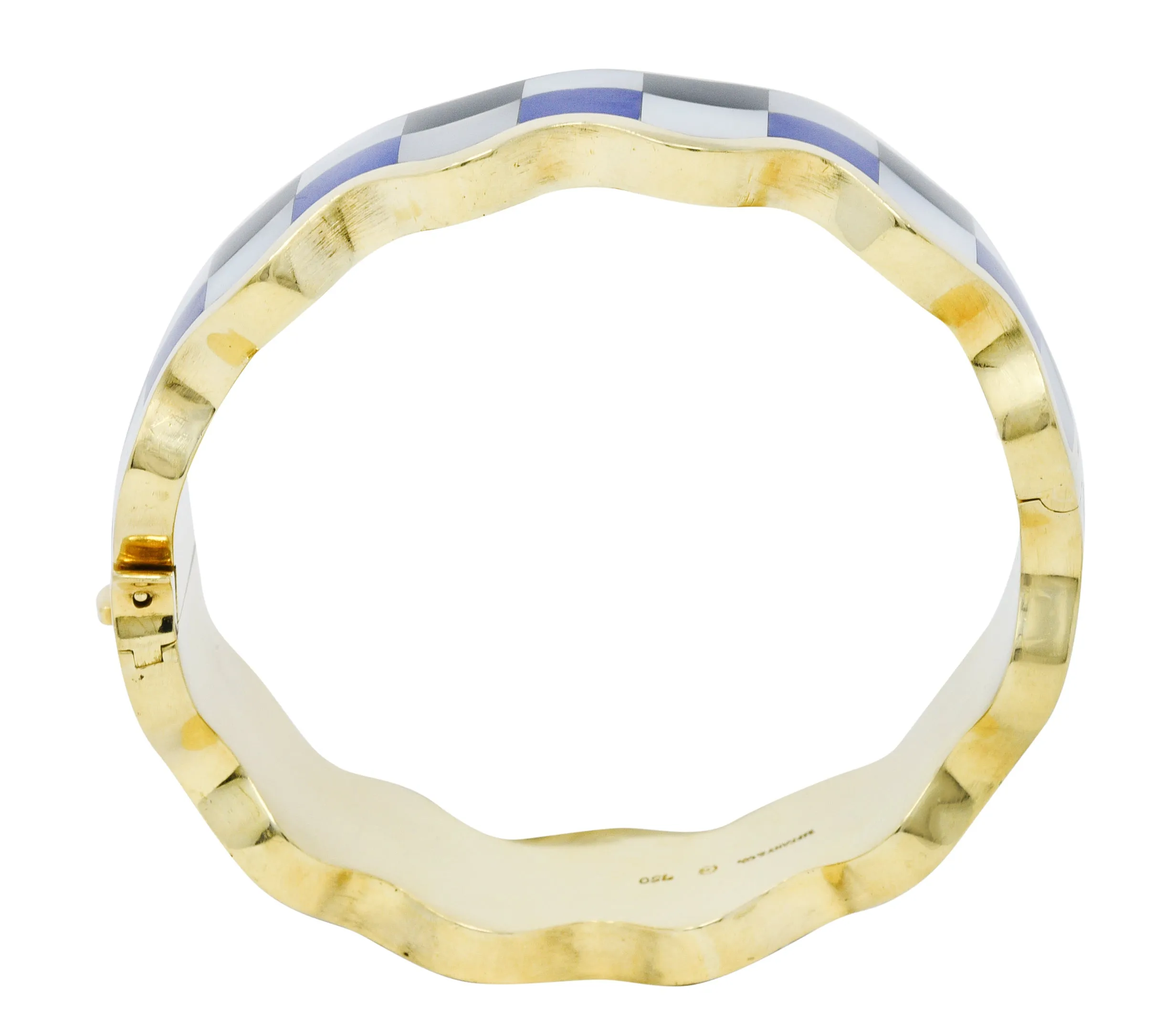 Angela Cummings Tiffany & Co. Inlaid Onyx Lapis Mother-Of-Pearl 18 Karat Gold Wave Bangle Bracelet