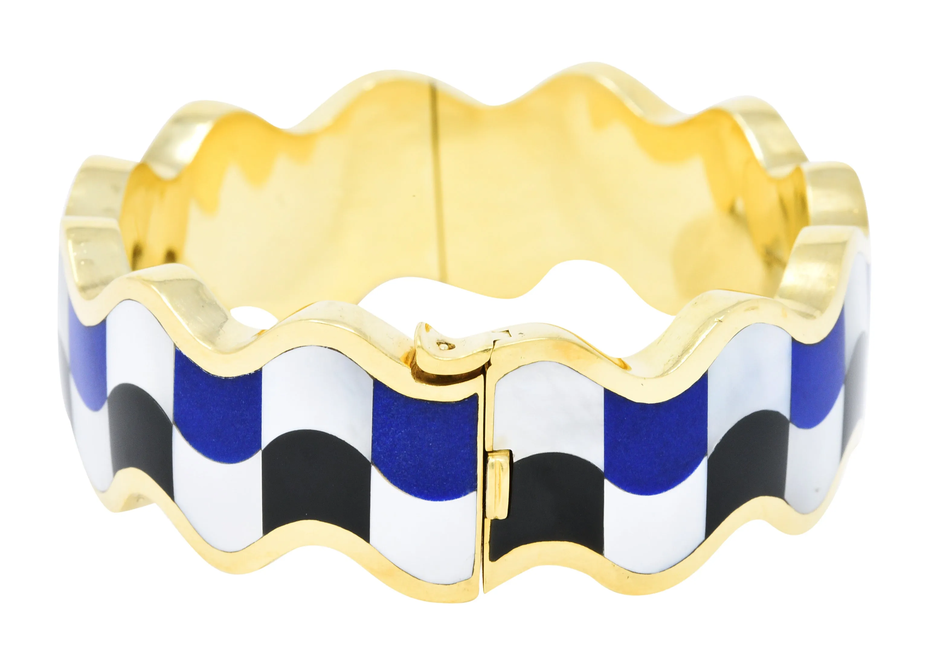 Angela Cummings Tiffany & Co. Inlaid Onyx Lapis Mother-Of-Pearl 18 Karat Gold Wave Bangle Bracelet