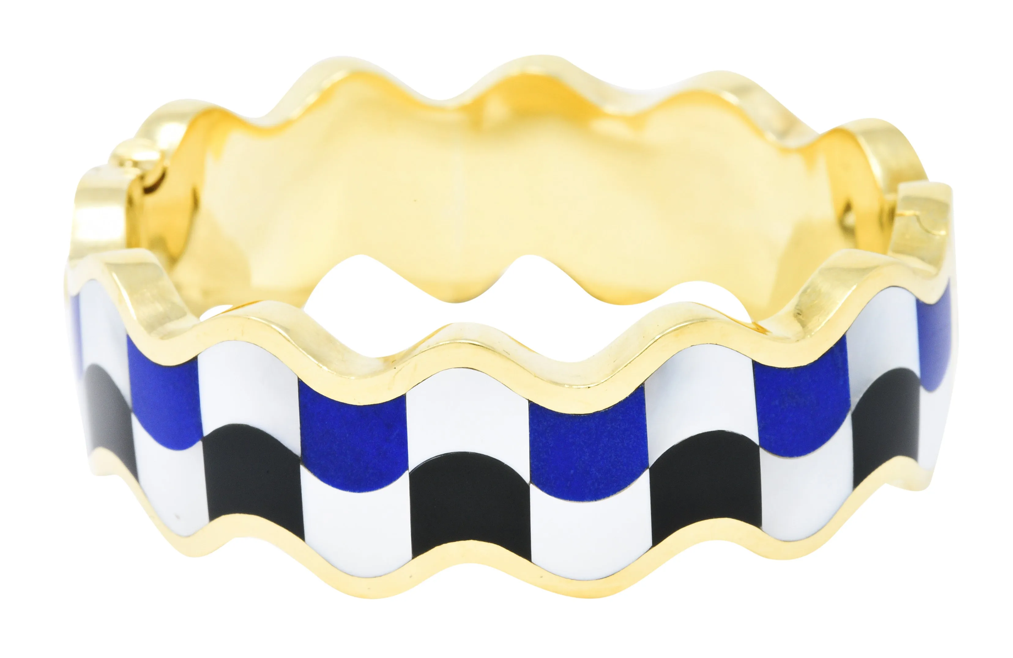 Angela Cummings Tiffany & Co. Inlaid Onyx Lapis Mother-Of-Pearl 18 Karat Gold Wave Bangle Bracelet