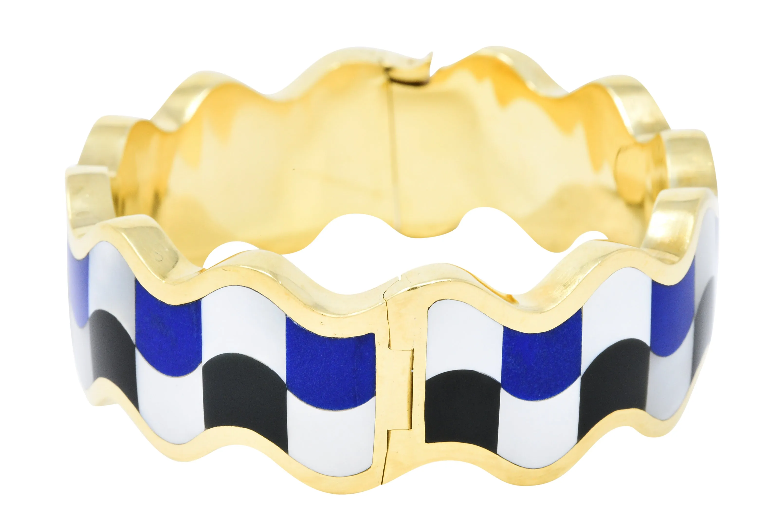 Angela Cummings Tiffany & Co. Inlaid Onyx Lapis Mother-Of-Pearl 18 Karat Gold Wave Bangle Bracelet