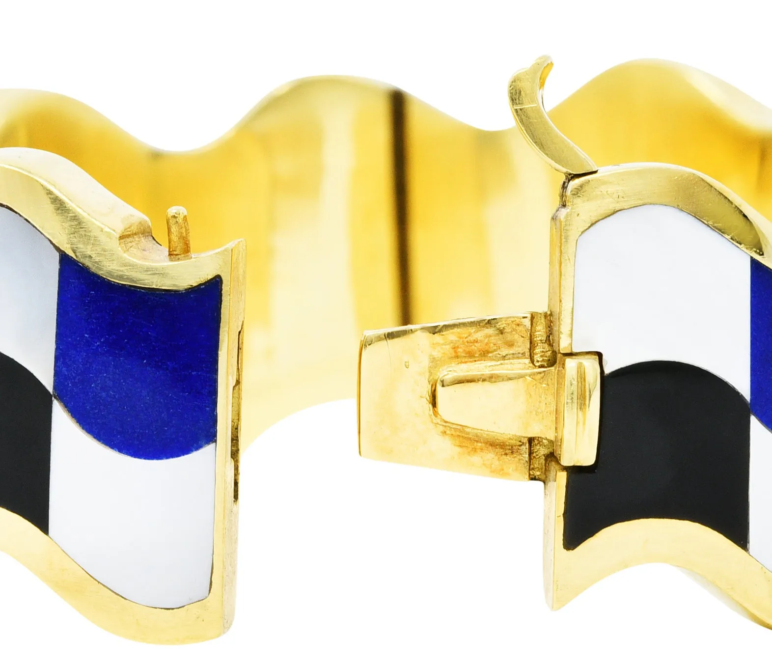 Angela Cummings Tiffany & Co. Inlaid Onyx Lapis Mother-Of-Pearl 18 Karat Gold Wave Bangle Bracelet