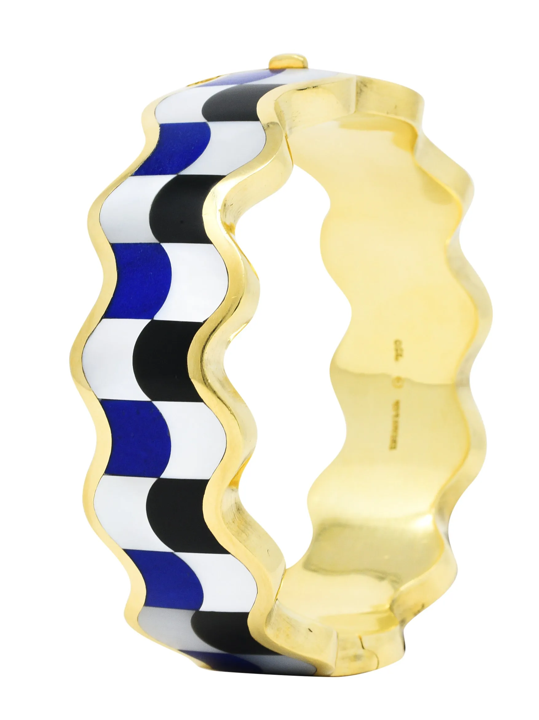 Angela Cummings Tiffany & Co. Inlaid Onyx Lapis Mother-Of-Pearl 18 Karat Gold Wave Bangle Bracelet