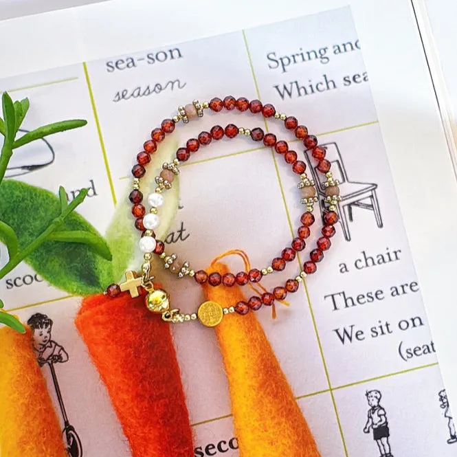 Beautiful Orange Garnets with Freshwater Pearls Rosary Magnetic Bracelet