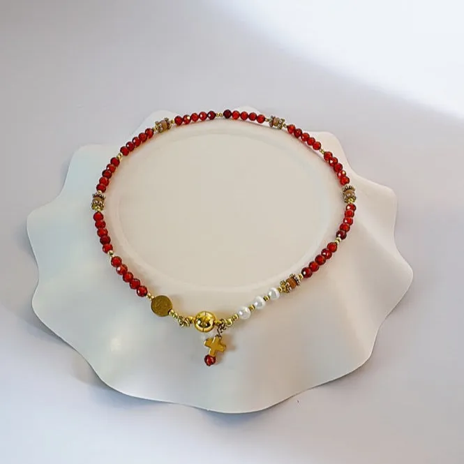 Beautiful Orange Garnets with Freshwater Pearls Rosary Magnetic Bracelet