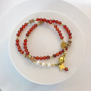 Beautiful Orange Garnets with Freshwater Pearls Rosary Magnetic Bracelet