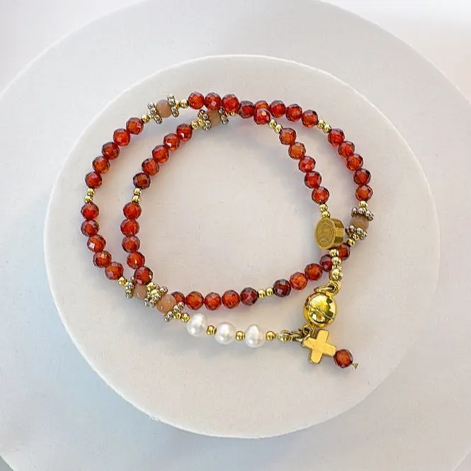 Beautiful Orange Garnets with Freshwater Pearls Rosary Magnetic Bracelet