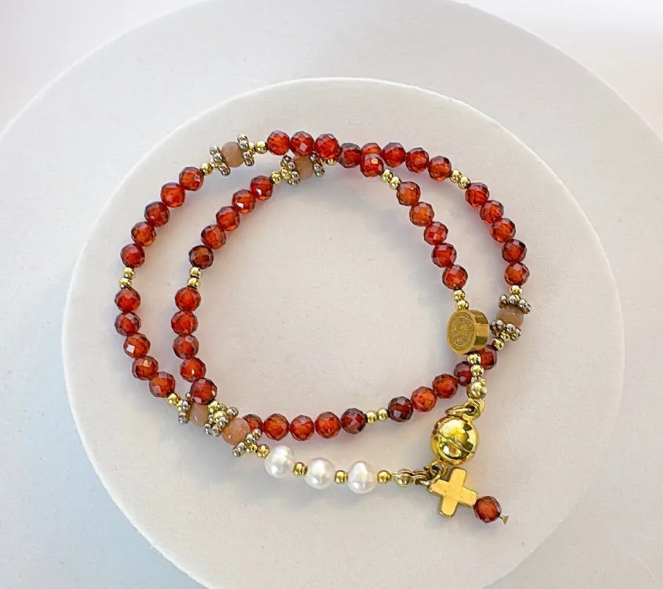 Beautiful Orange Garnets with Freshwater Pearls Rosary Magnetic Bracelet