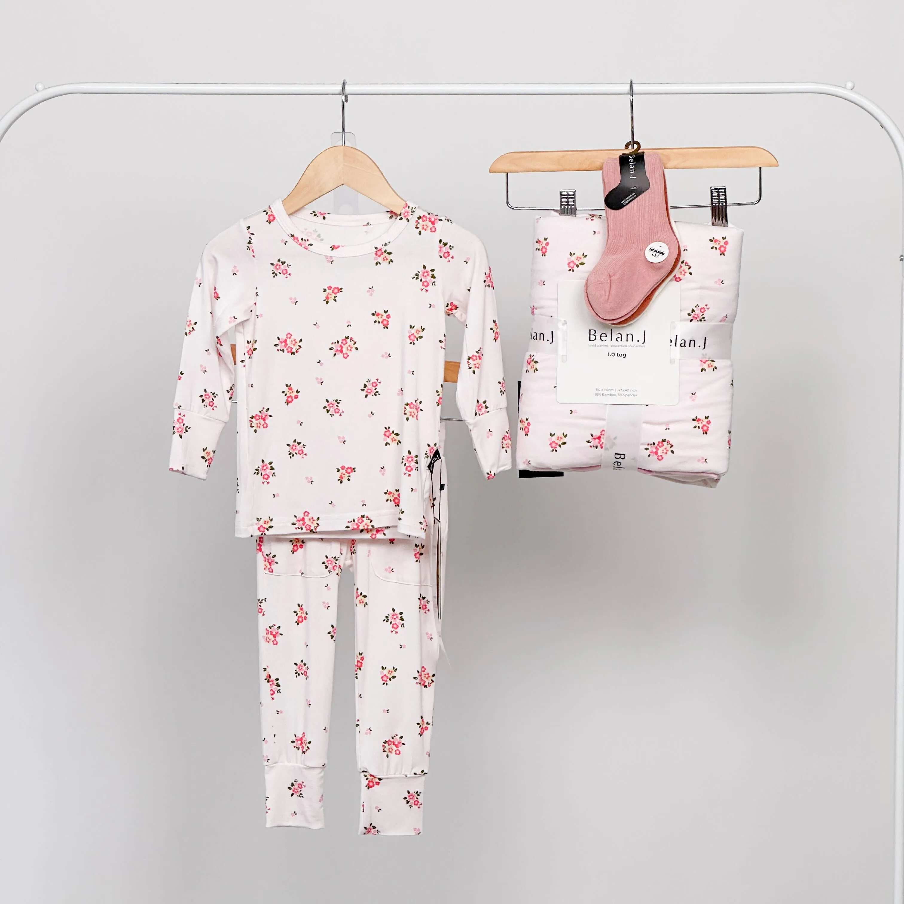 Belan.J Bundle - PJ Set & Child Blanket Blushing Blossom   All Season Socks Pink/White/Coral