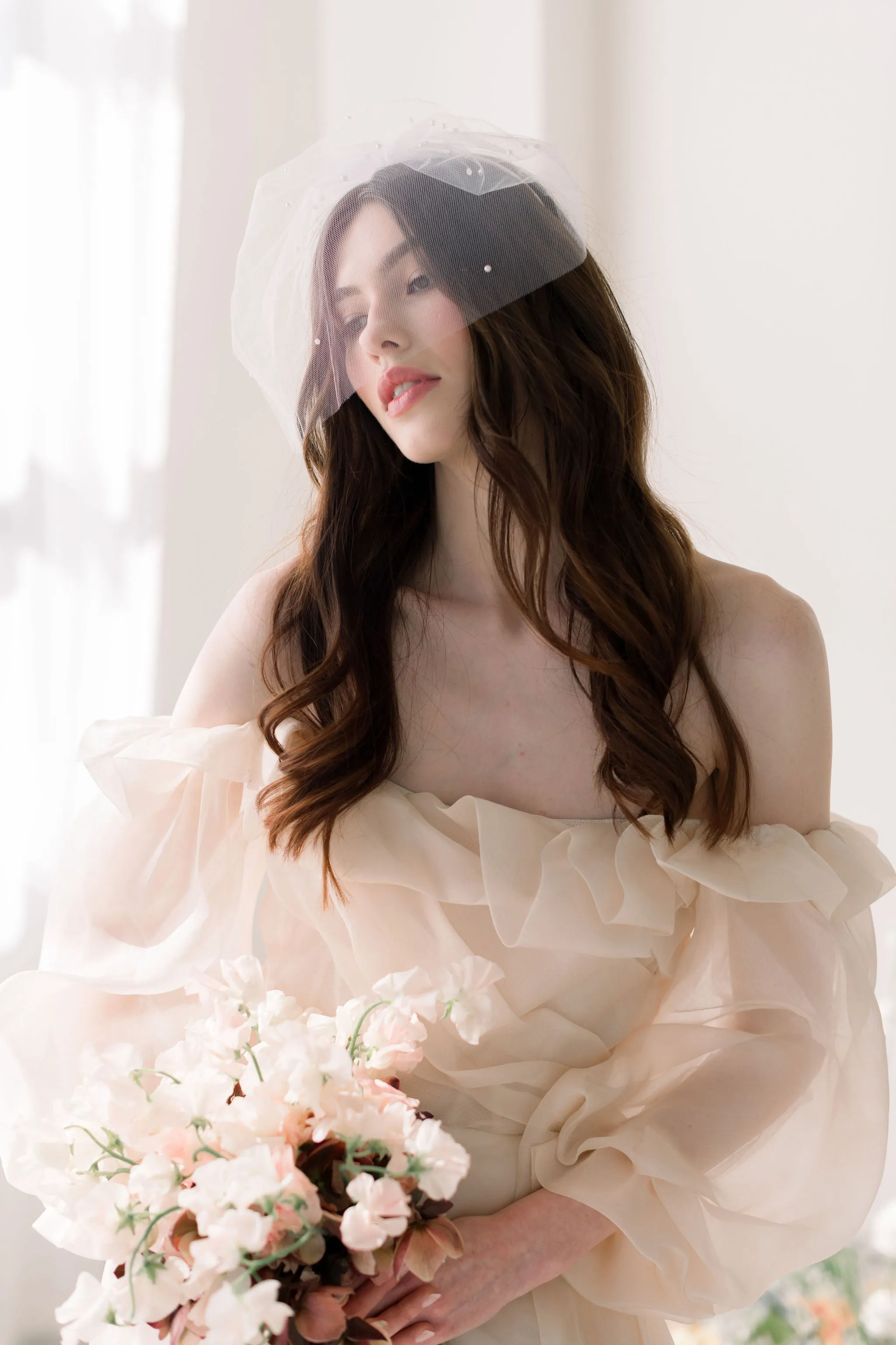Birdcage veil - Tulle birdcage veil with gathered pearl accents