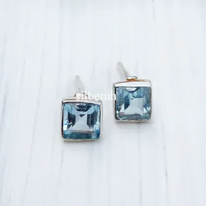 Blue Topaz Square Silver Stud