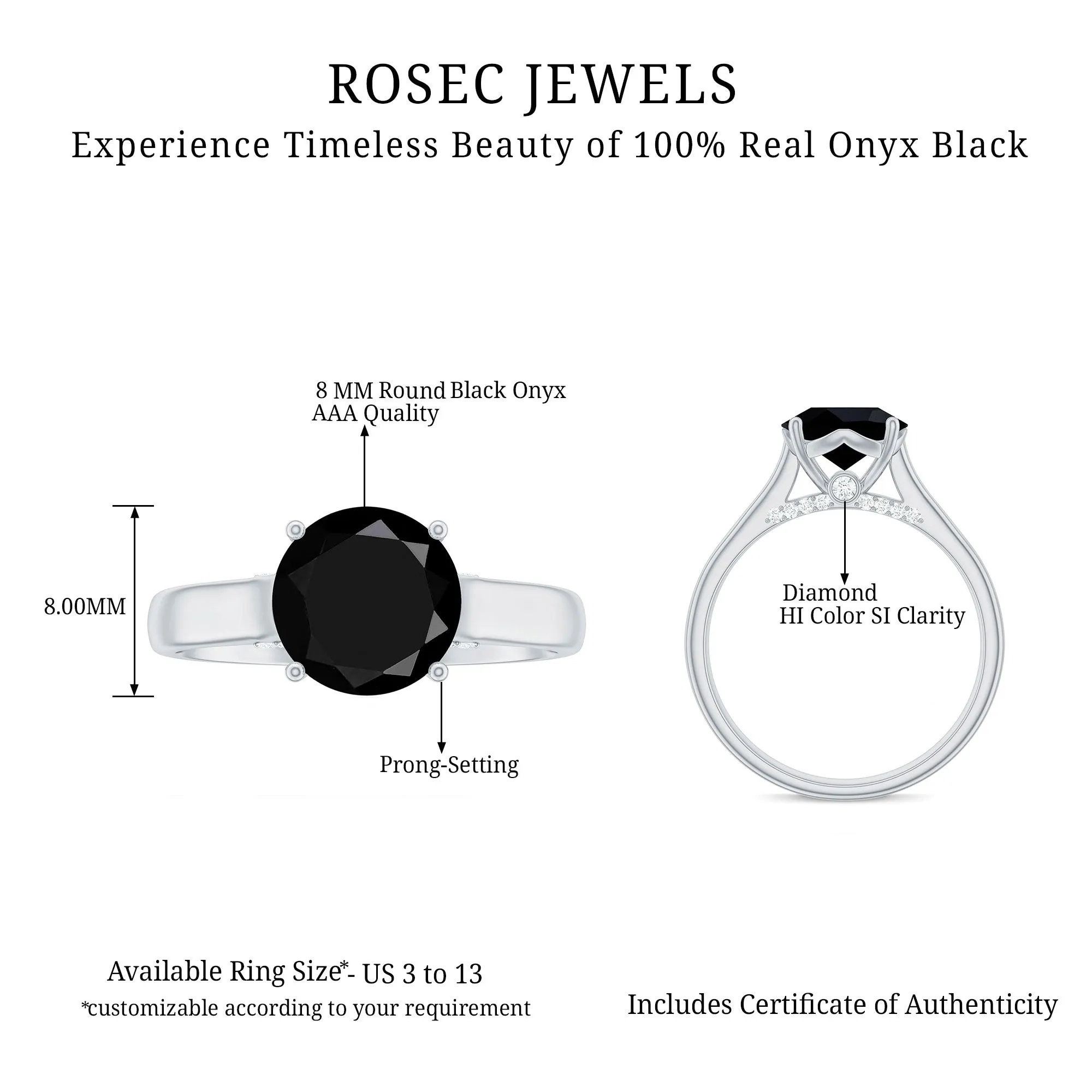 Classic Black Onyx Solitaire Ring with Surprise Diamond Accent