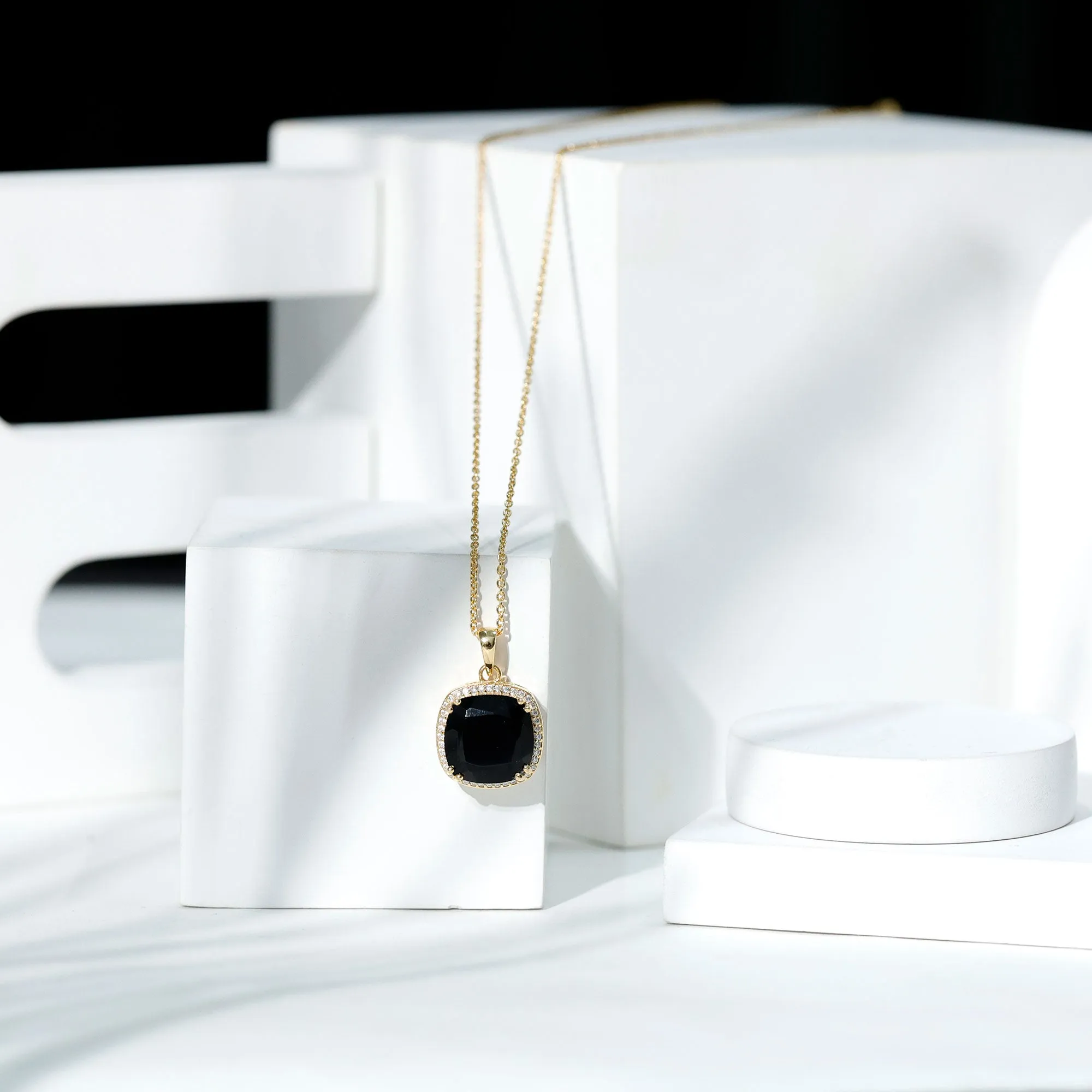 Created Black Diamond Pendant Necklace With Moissanite Halo
