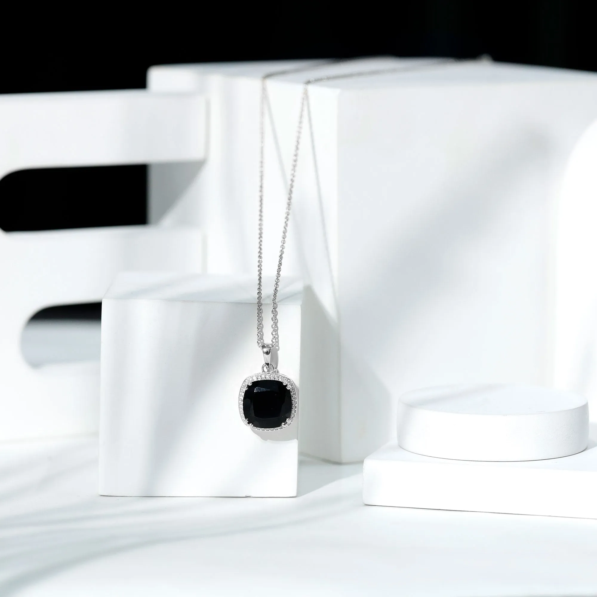 Created Black Diamond Pendant Necklace With Moissanite Halo